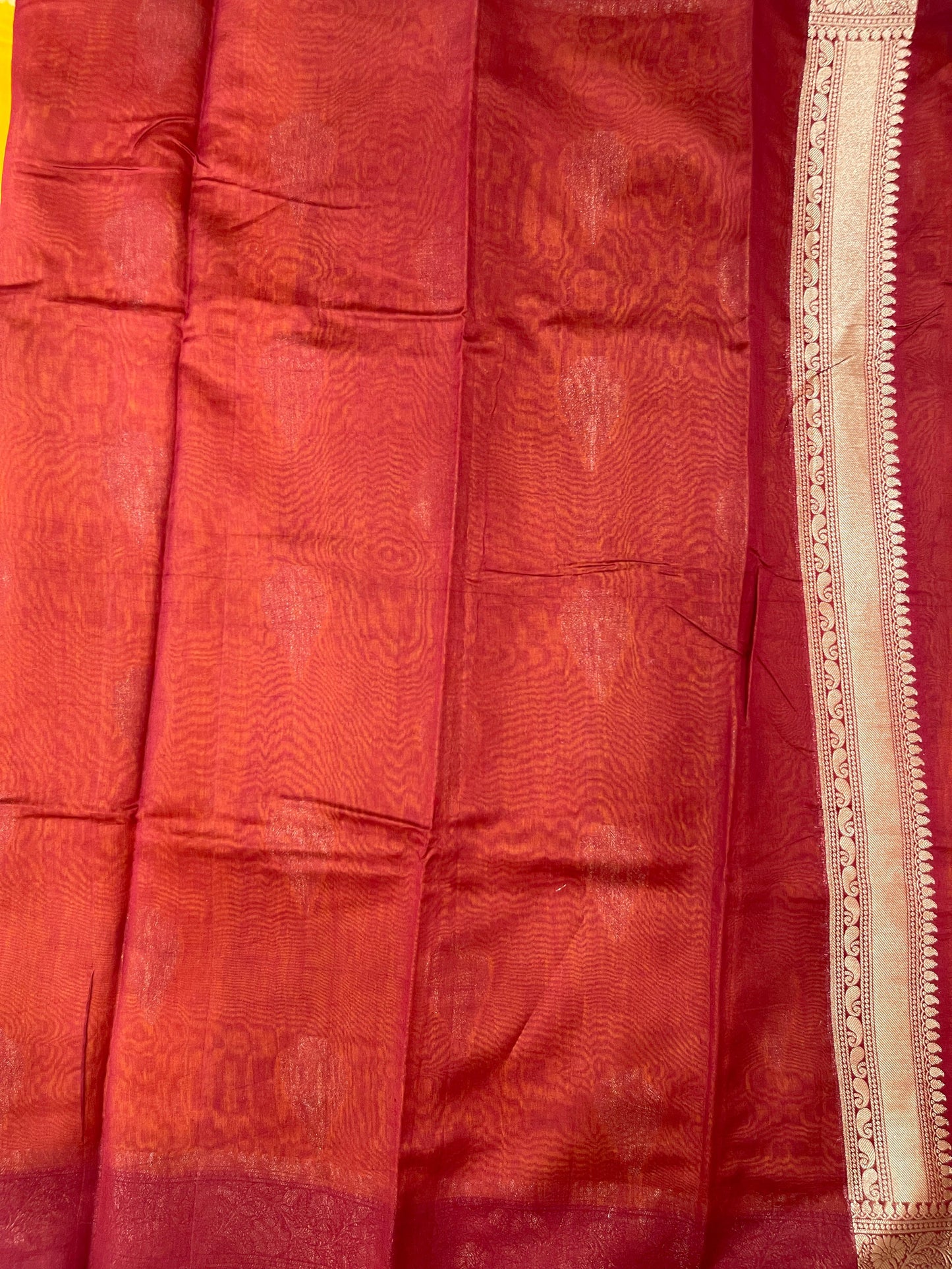 Faishana Pure Handloom Gold Cotton Golden Floral Zari Booti Contrast Maroon Floral Zari Jaal Border and Pallu with Maroon Blouse