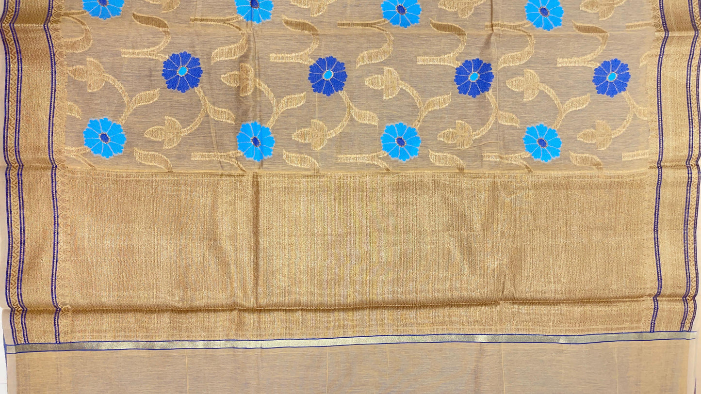 Faishana Presents Beige Cotton Golden Floral Zari Mina Boota Zari Jaal with Banarasi Zari Border and Pallu and Contrast Blue Blouse
