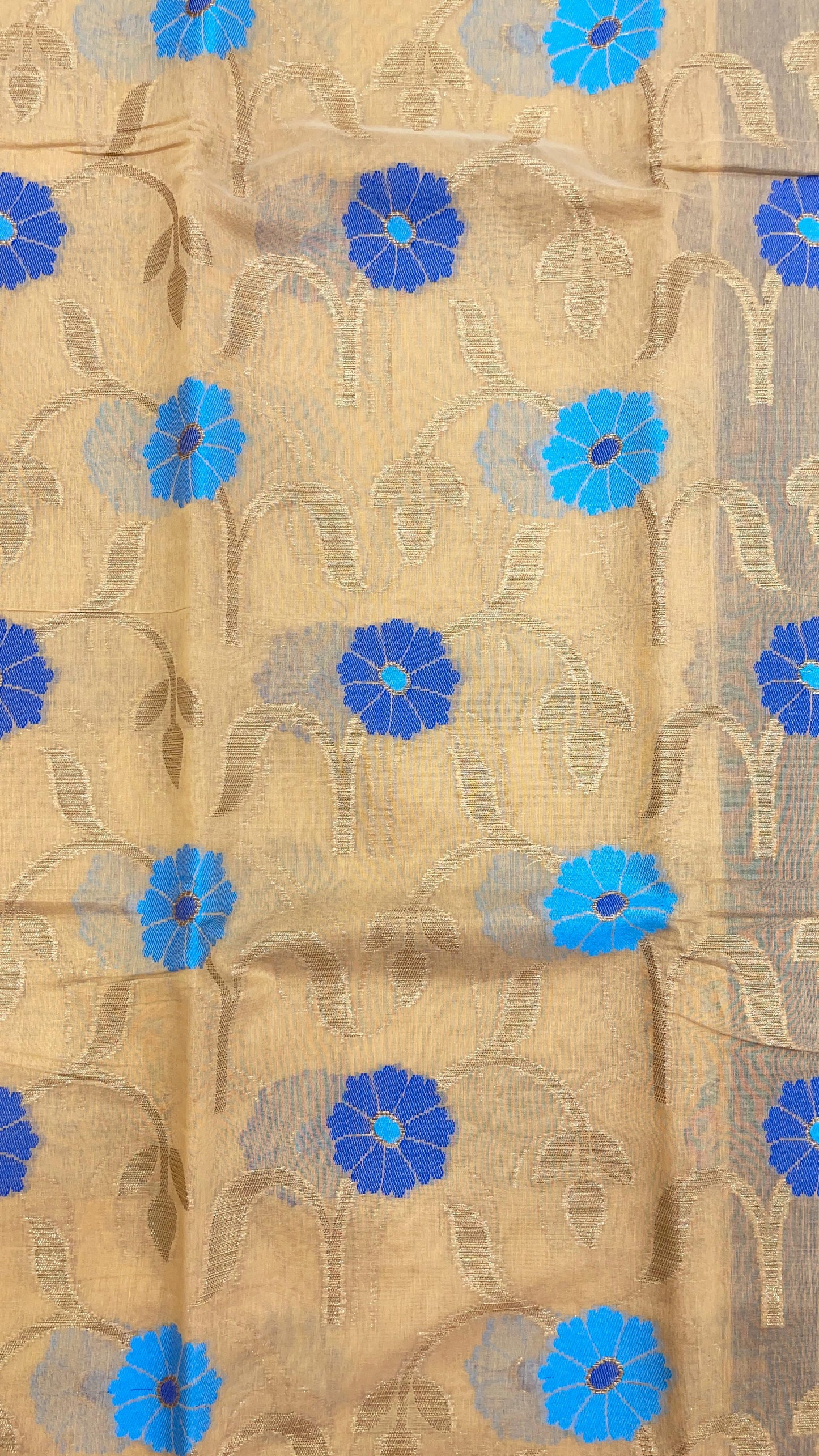 Faishana Presents Beige Cotton Golden Floral Zari Mina Boota Zari Jaal with Banarasi Zari Border and Pallu and Contrast Blue Blouse