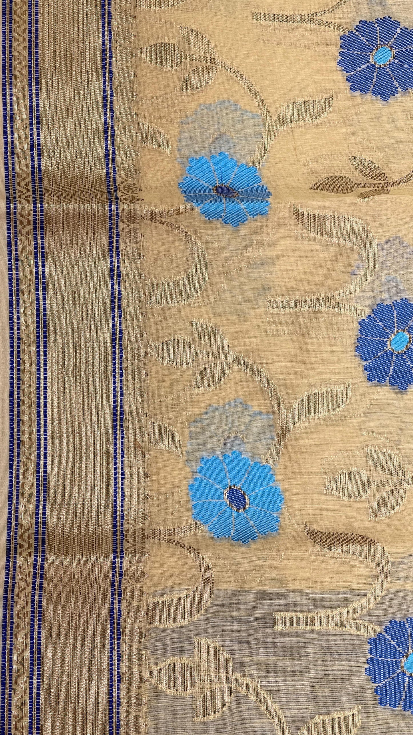 Faishana Presents Beige Cotton Golden Floral Zari Mina Boota Zari Jaal with Banarasi Zari Border and Pallu and Contrast Blue Blouse