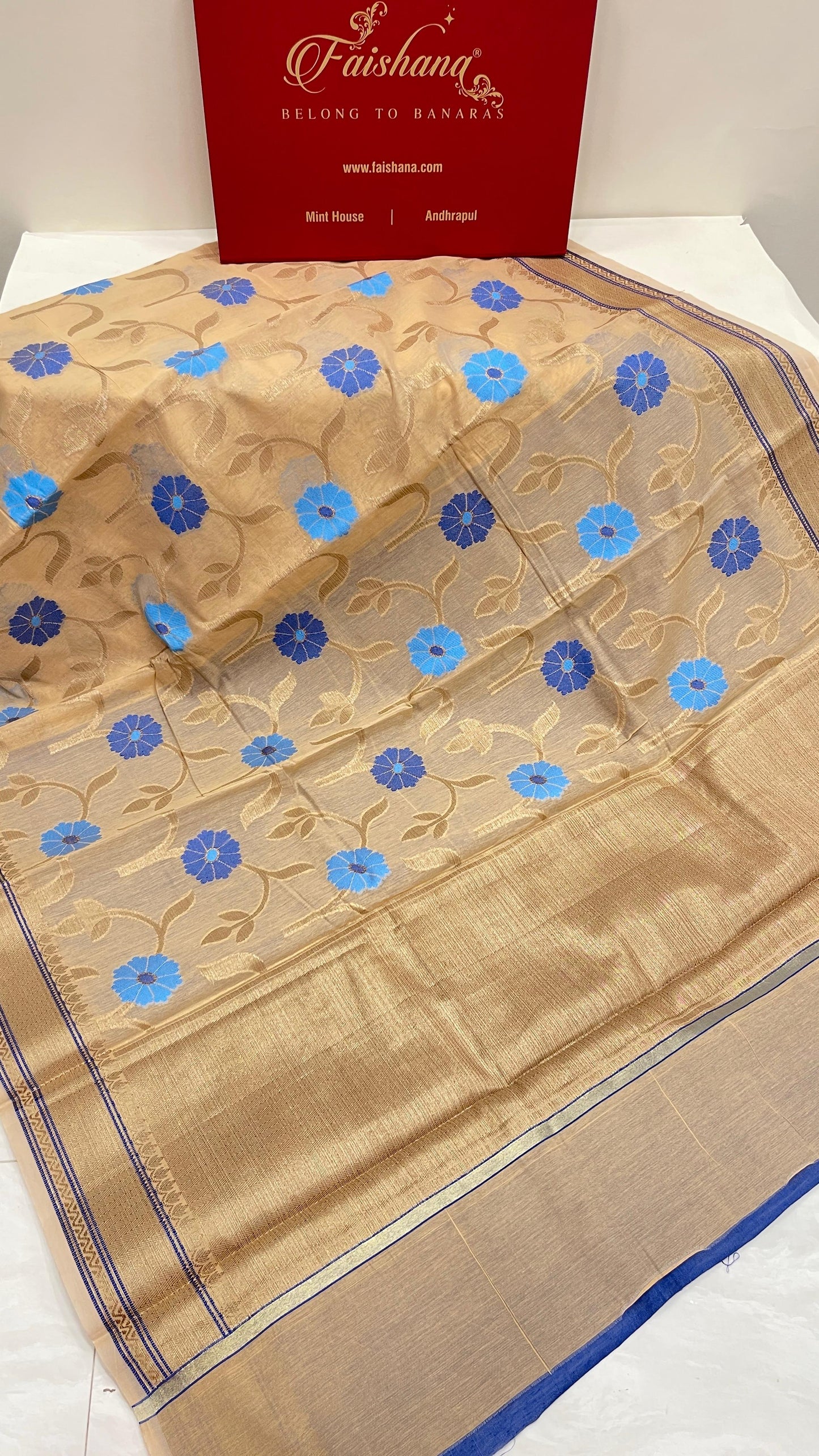 Faishana Presents Beige Cotton Golden Floral Zari Mina Boota Zari Jaal with Banarasi Zari Border and Pallu and Contrast Blue Blouse