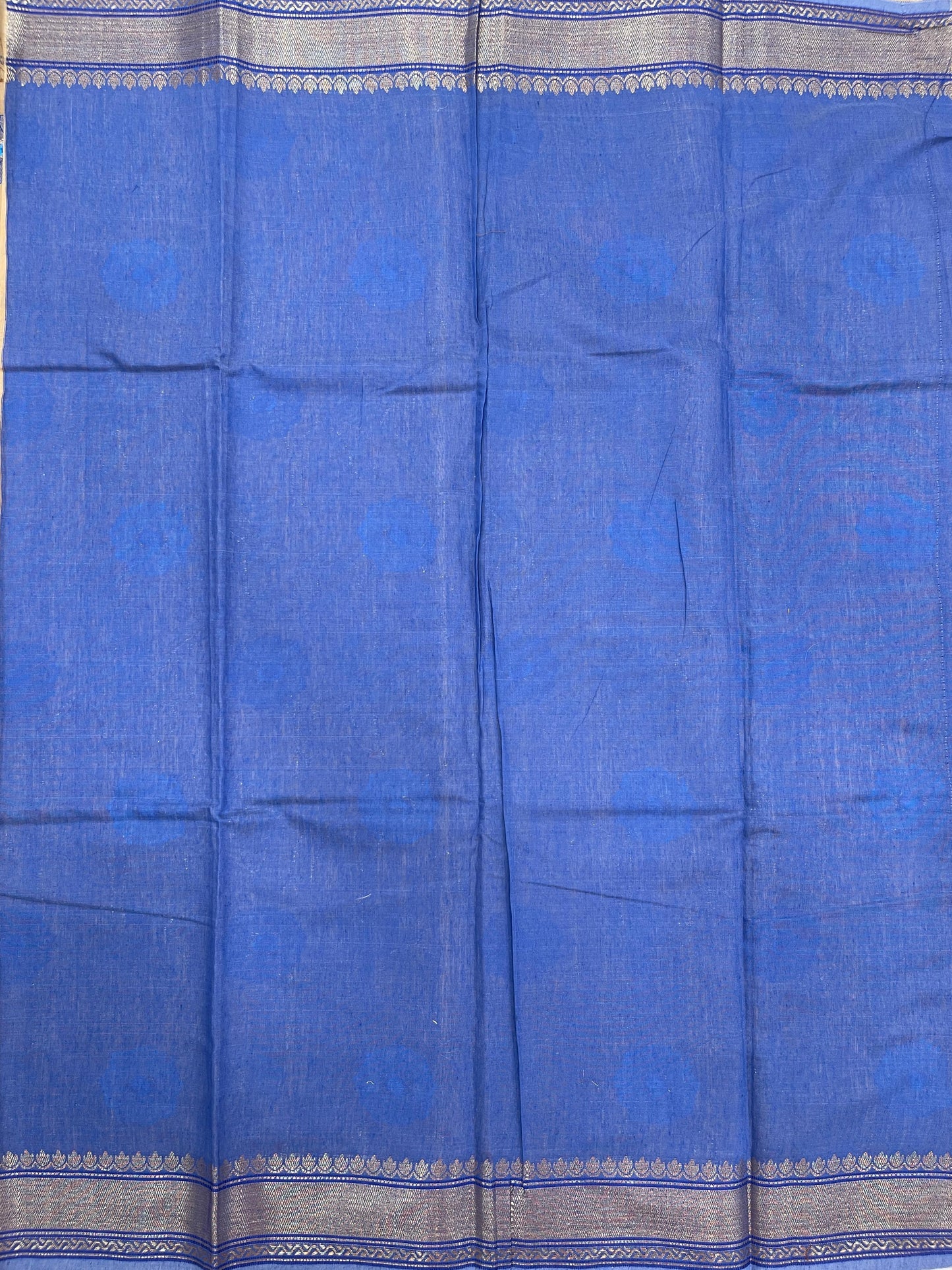 Faishana Presents Beige Cotton Golden Floral Zari Mina Boota Zari Jaal with Banarasi Zari Border and Pallu and Contrast Blue Blouse