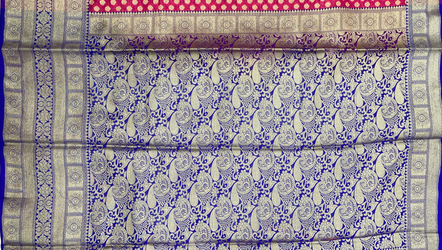 Faishana Presents Pink Katan Silk Golden Zari Chunri Booti with Contrast Blue Paisley Pallu and Skirt Zari Border with Blue Blouse
