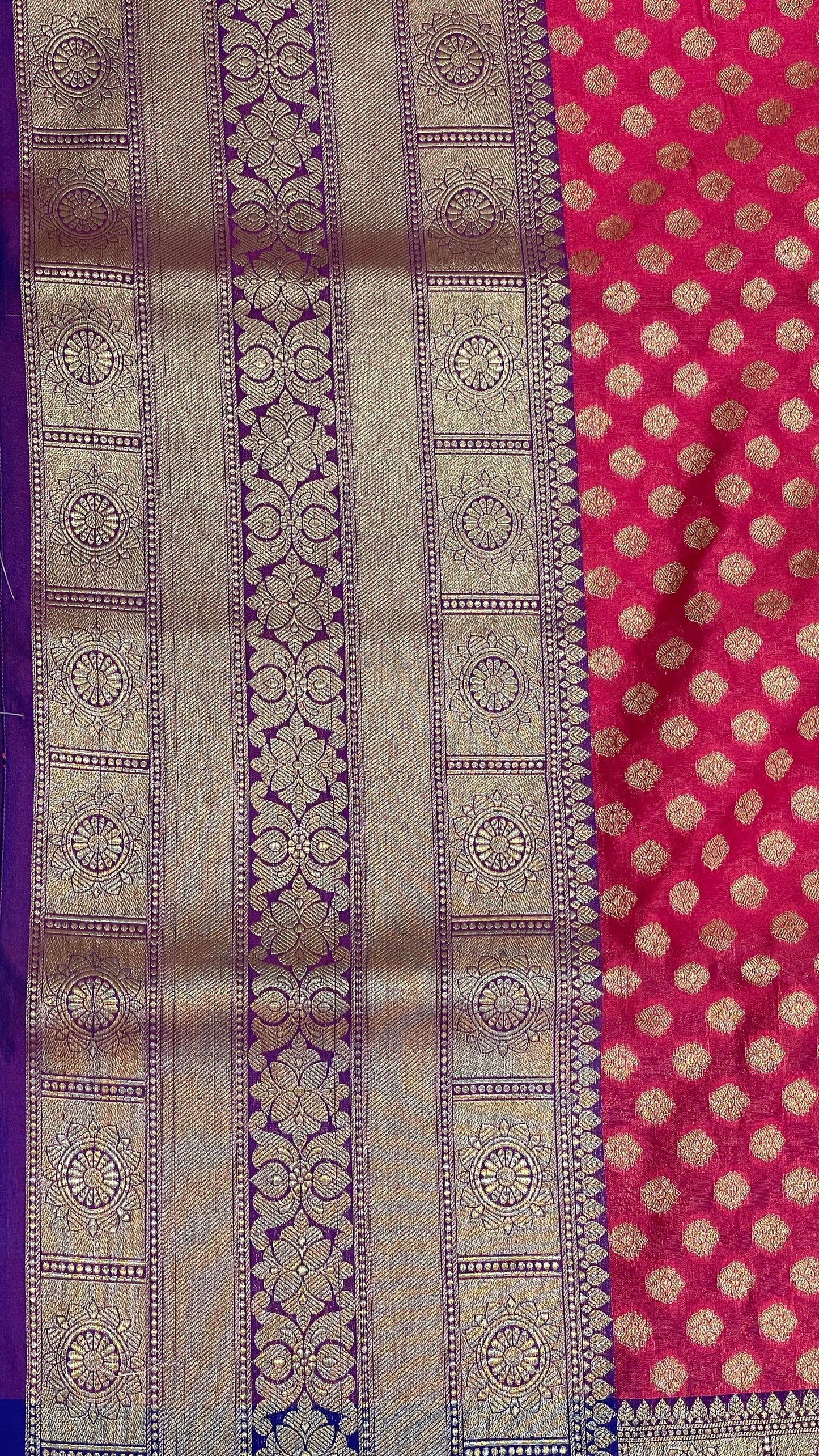 Faishana Presents Pink Katan Silk Golden Zari Chunri Booti with Contrast Blue Paisley Pallu and Skirt Zari Border with Blue Blouse