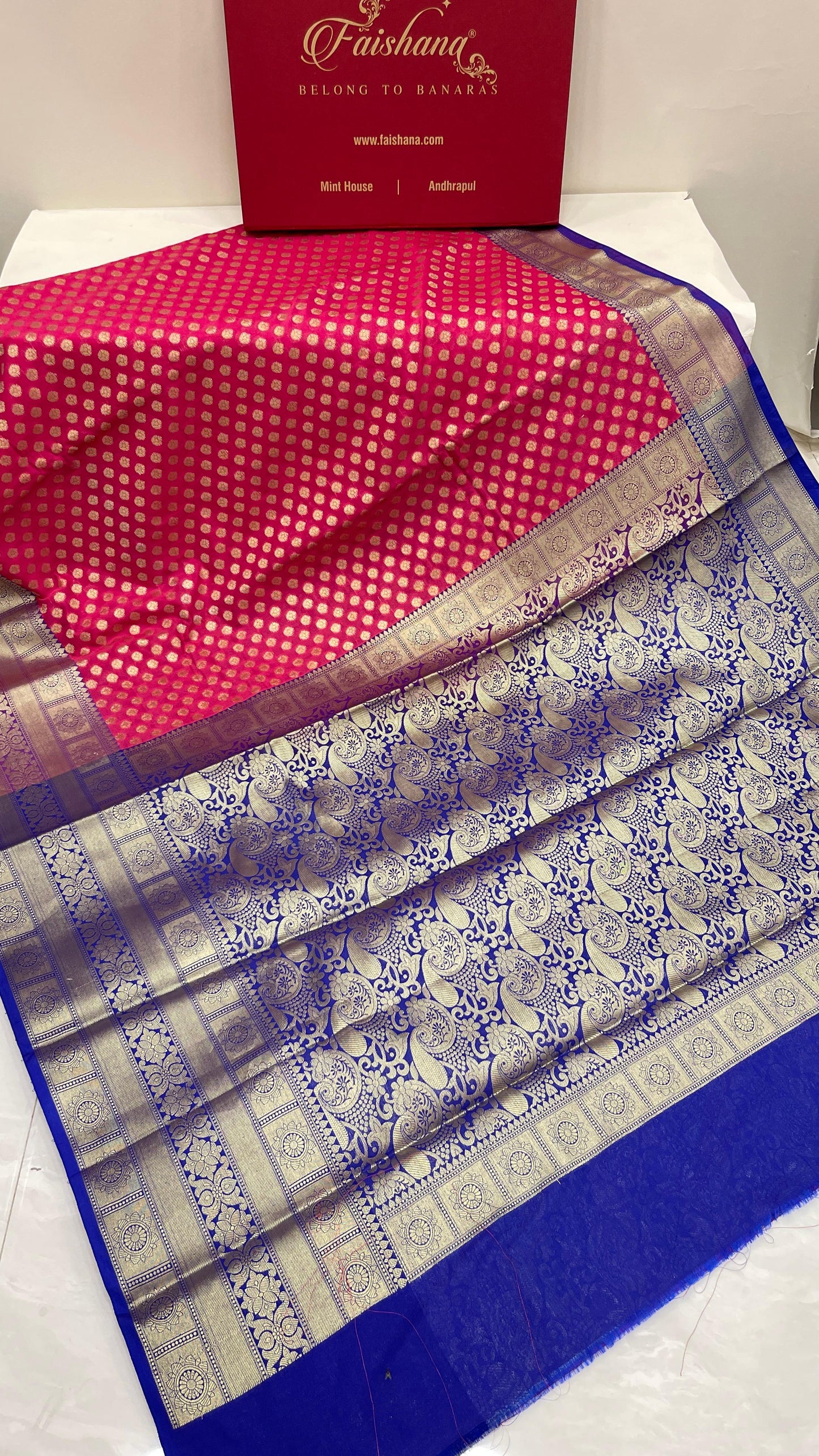 Faishana Presents Pink Katan Silk Golden Zari Chunri Booti with Contrast Blue Paisley Pallu and Skirt Zari Border with Blue Blouse