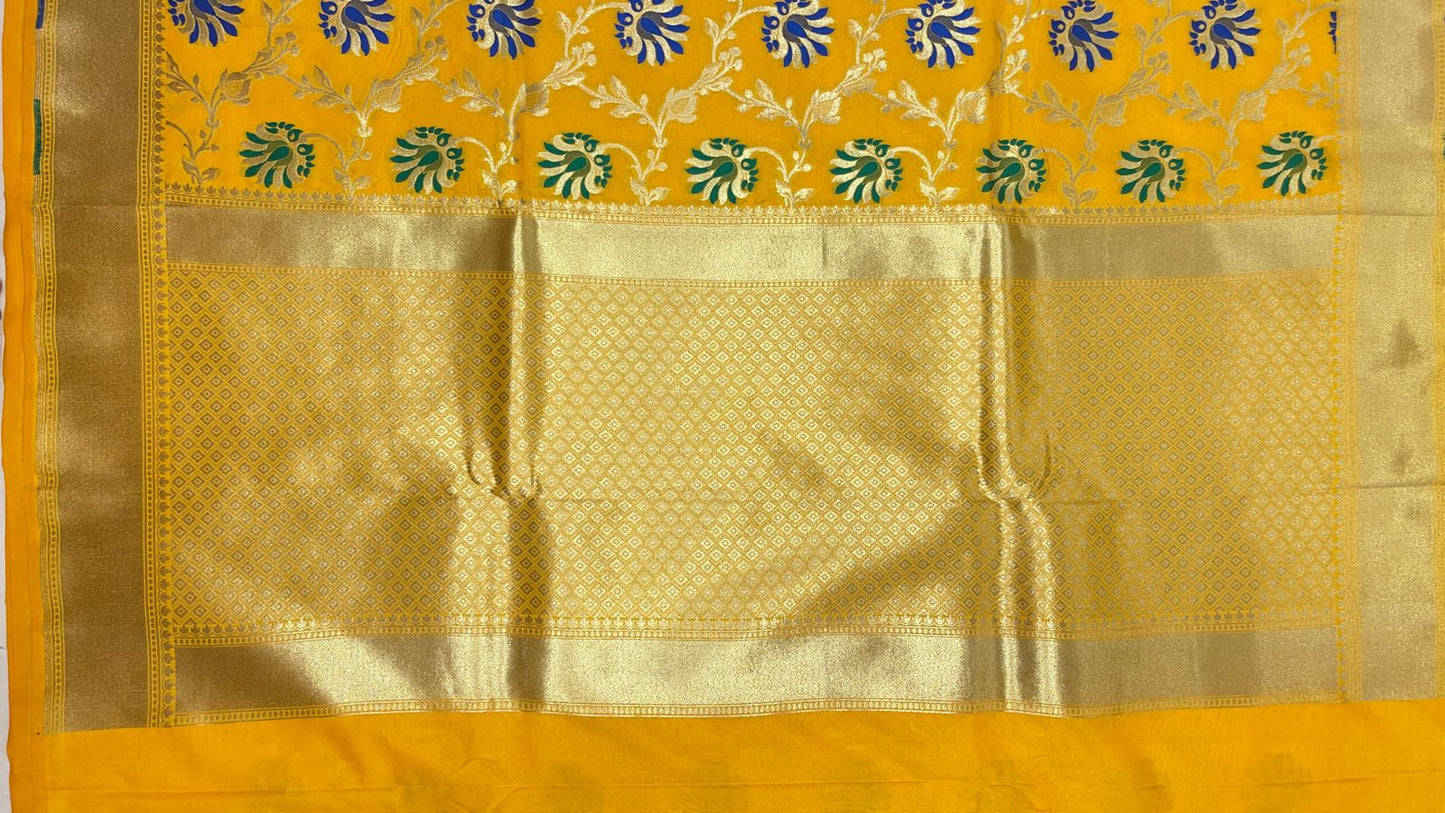 Faishana Presents Gold Katan Silk Floral Minakari Boota Golden Zari Jaal with Banarasi Zari Border and Gold Blouse