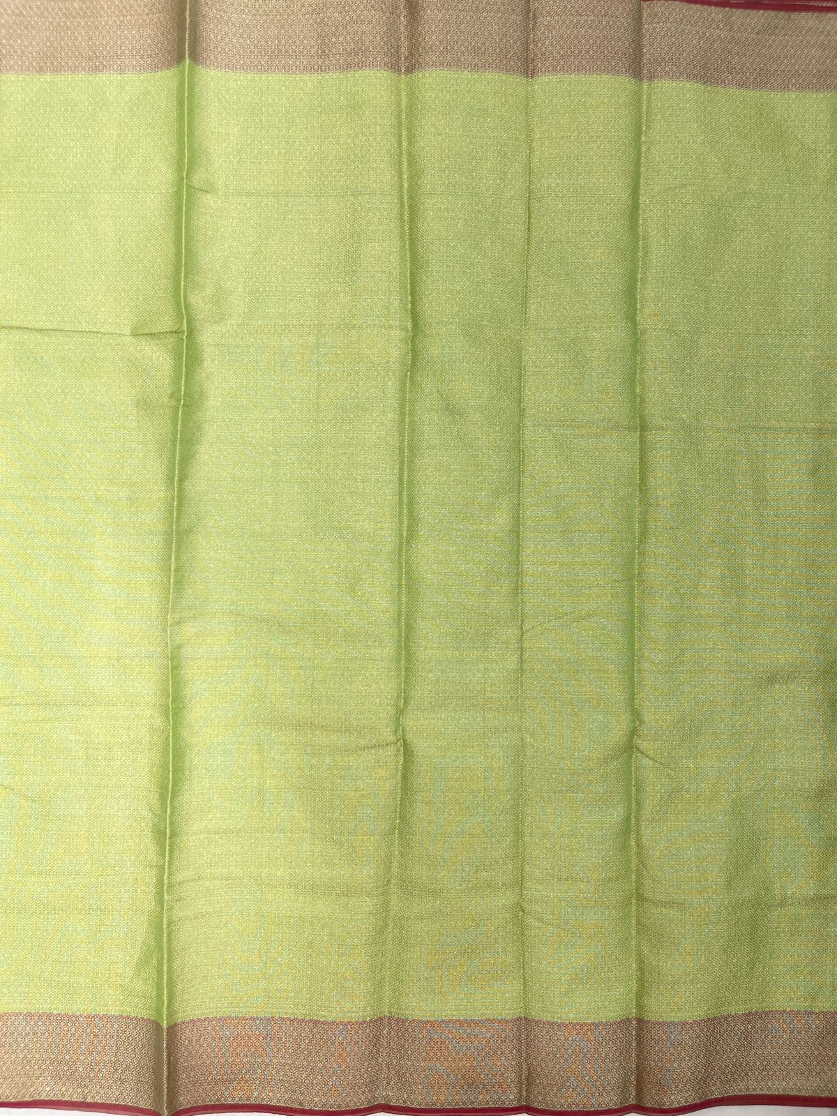 Faishana Presents Light Green Cotton Golden Floral Zari Booti Skirt Dual Tone Light Brown Zari Border and Green Blouse