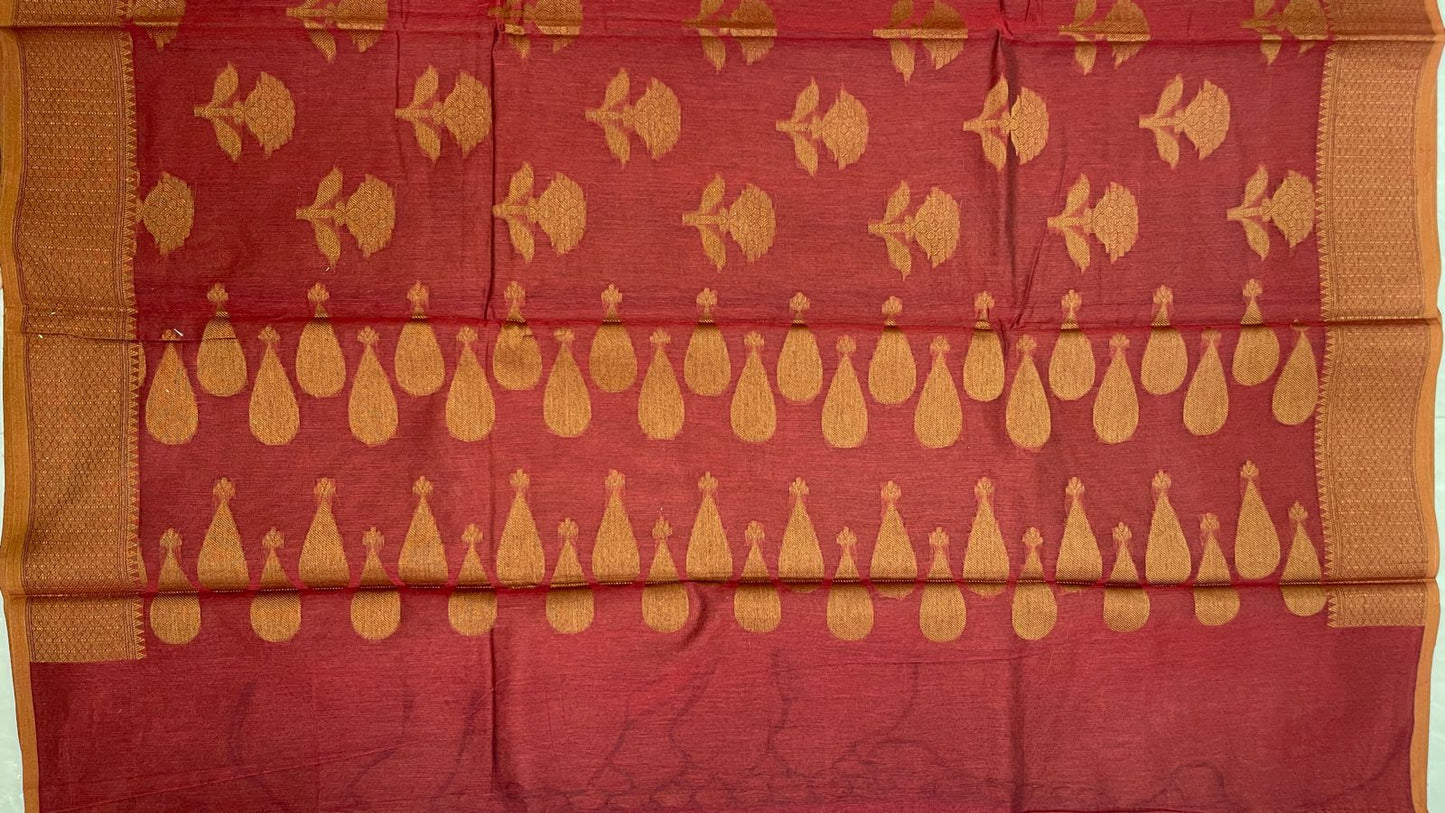 Faishana Presents Peach Cotton Golden Floral Zari Booti with Banarasi Zari Border and Zig-Zag Boota Pallu and Peach Blouse