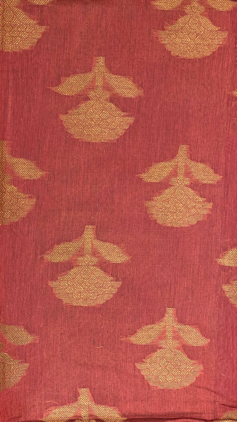 Faishana Presents Peach Cotton Golden Floral Zari Booti with Banarasi Zari Border and Zig-Zag Boota Pallu and Peach Blouse