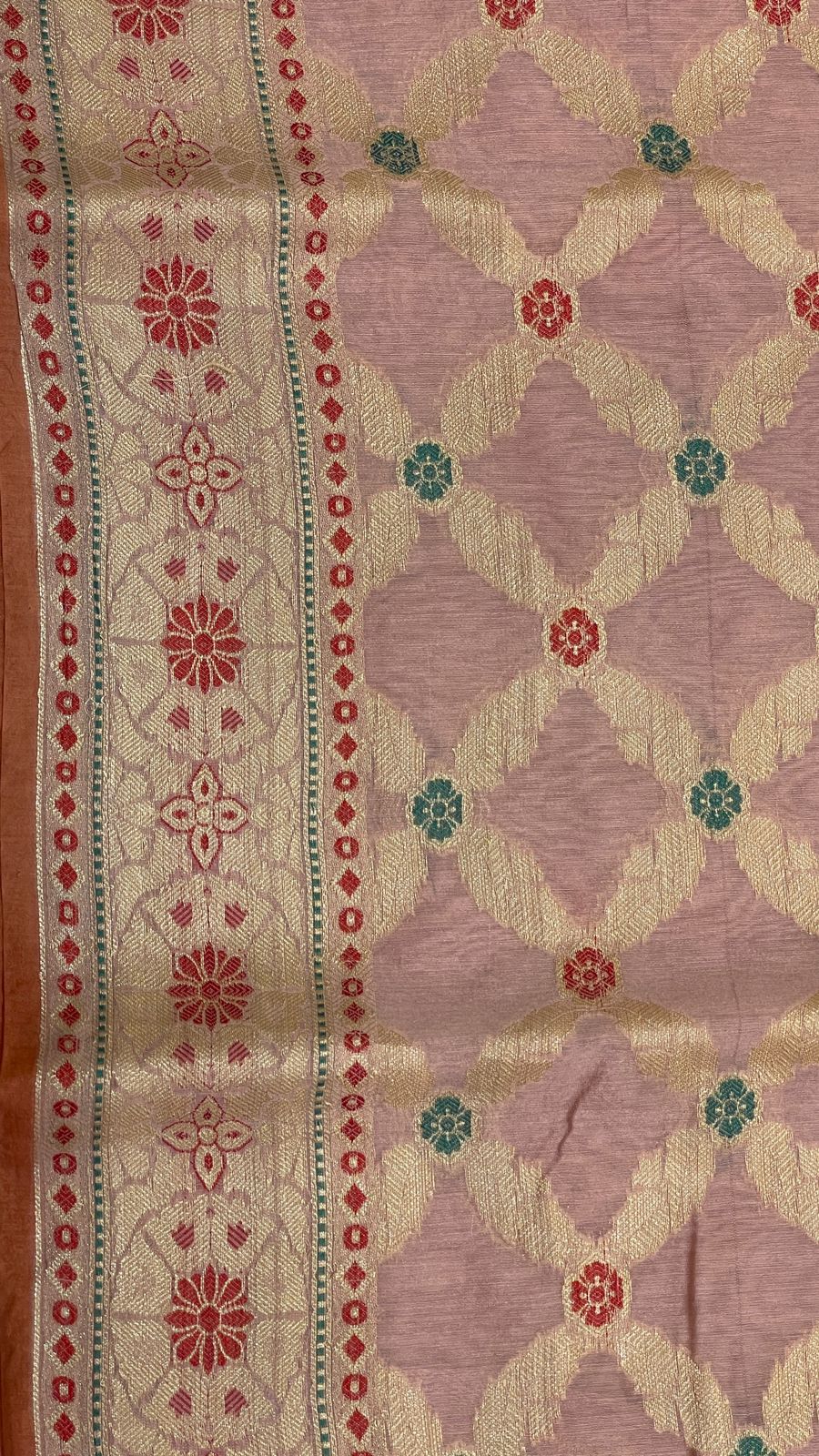 Faishana Presents Light Mauve Cotton Golden Zari Striped Mina Jaal with Minakari Zari Border and Big Pallu with Mauve Blouse