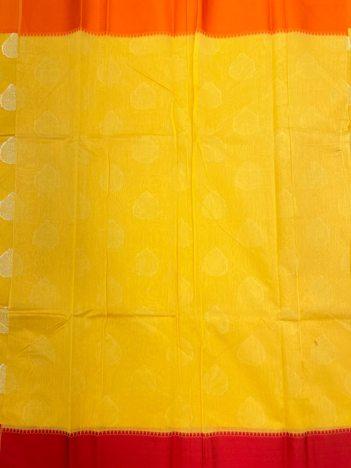 Faishana Presents Yellow Cotton Golden Floral Zari Booti with Contrast Red Banarasi Zari Border and Yellow Blouse