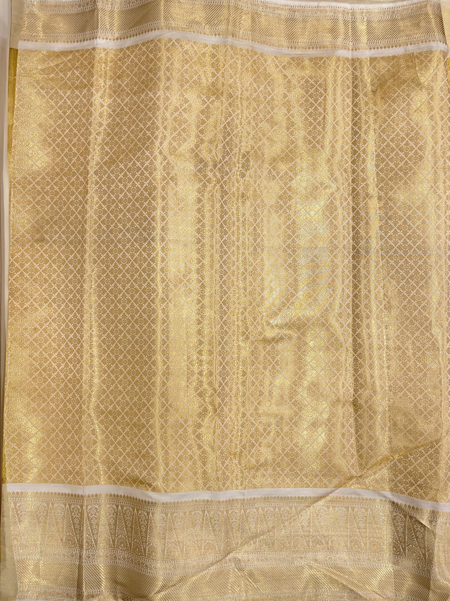 Faishana Presents Gold Tissue Alfi Silver Zari Booti with Contrast Off White Pallu Saree with Off White Blouse