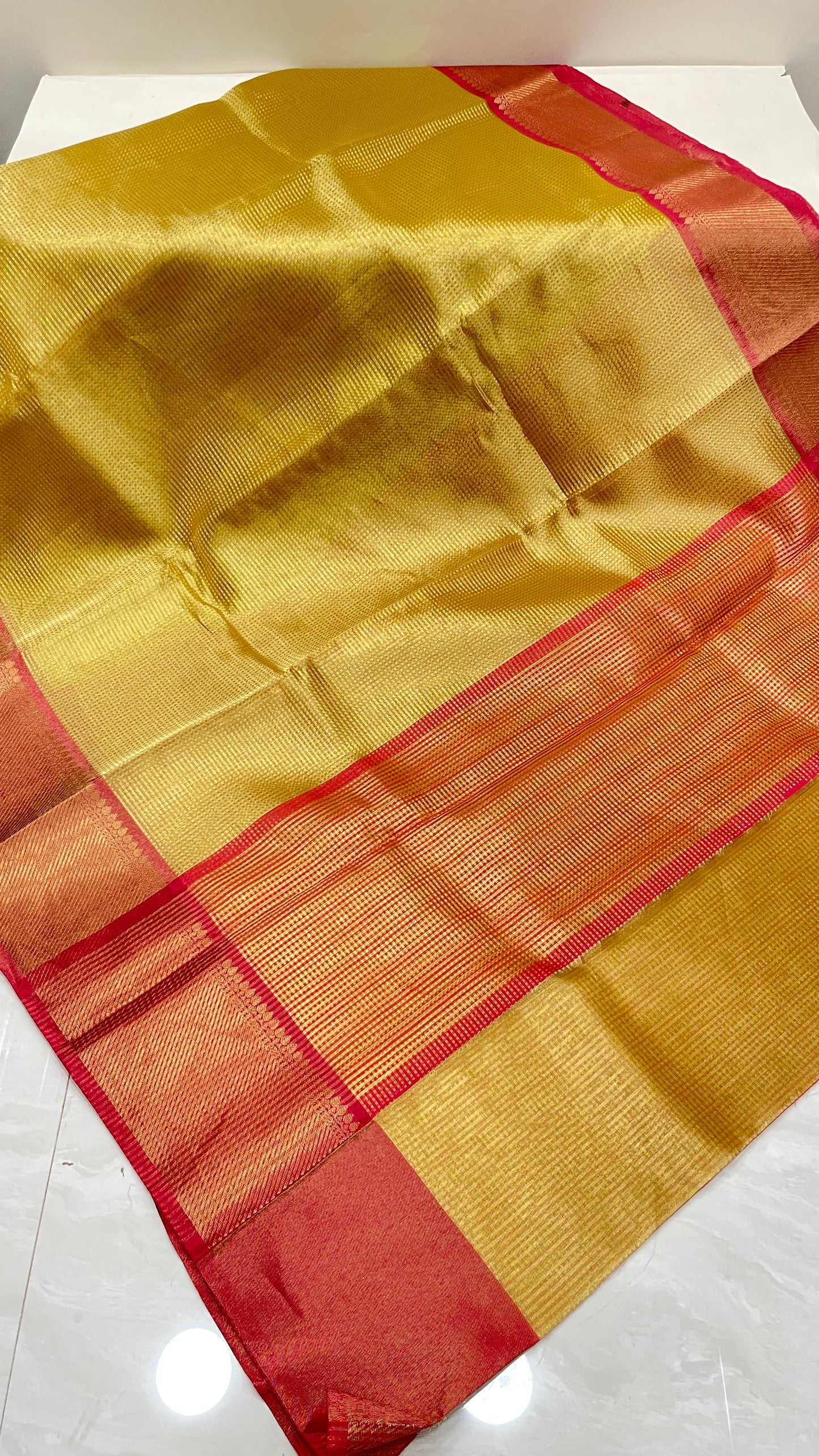 Faishana Presents Gold Tissue Single Zari Stripe with Contrast Red Pallu Saree with Red Blouse