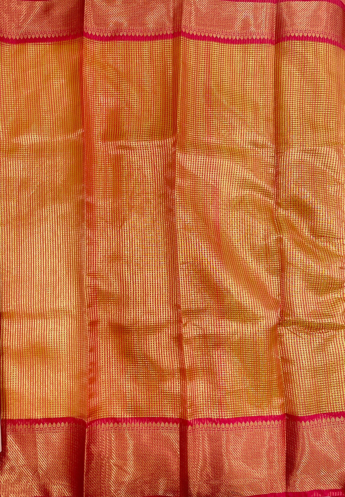 Faishana Presents Gold Tissue Single Zari Stripe with Contrast Red Pallu Saree with Red Blouse