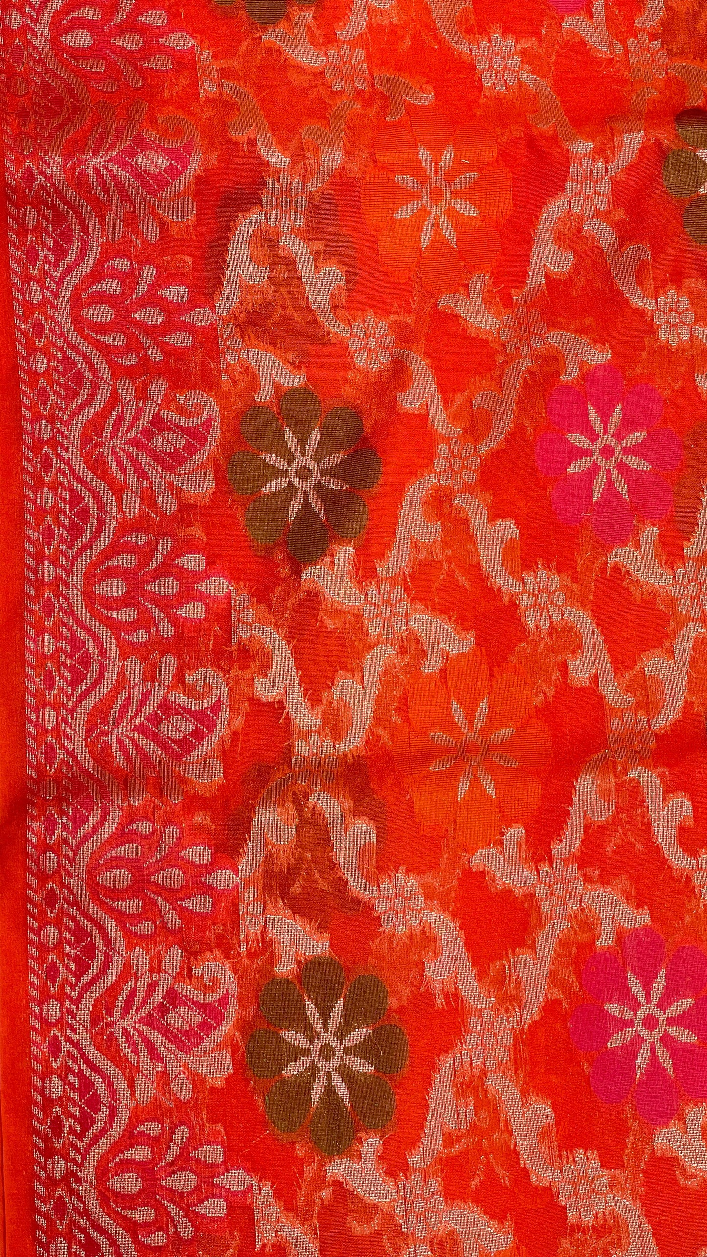 Faishana Presents Orange Semi Georgette Alfi Mina Floral Zari Jaal Minakari Zari Border with Banarasi Floral Boota Pallu and Red Multi Stripe Blouse