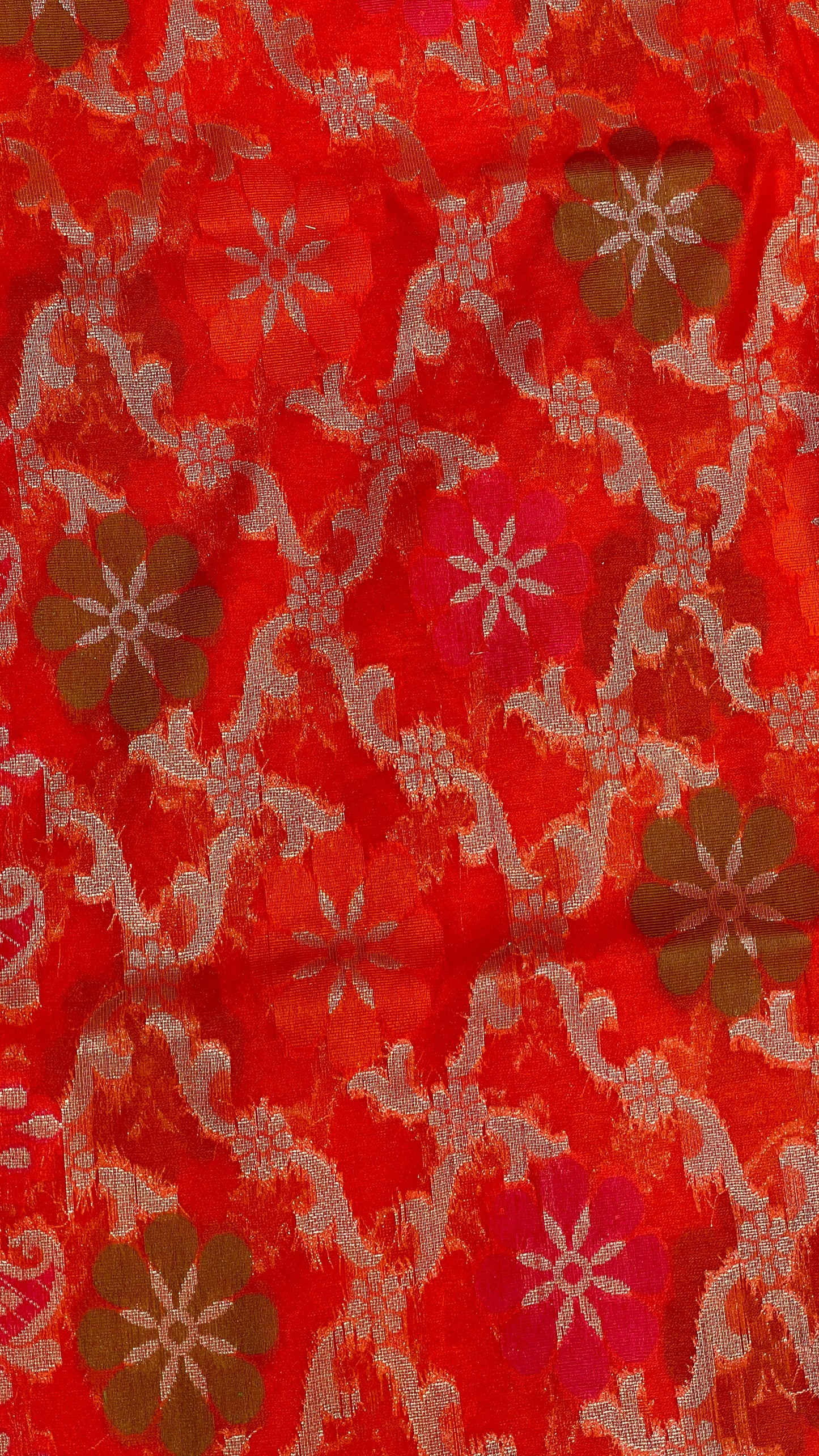 Faishana Presents Orange Semi Georgette Alfi Mina Floral Zari Jaal Minakari Zari Border with Banarasi Floral Boota Pallu and Red Multi Stripe Blouse
