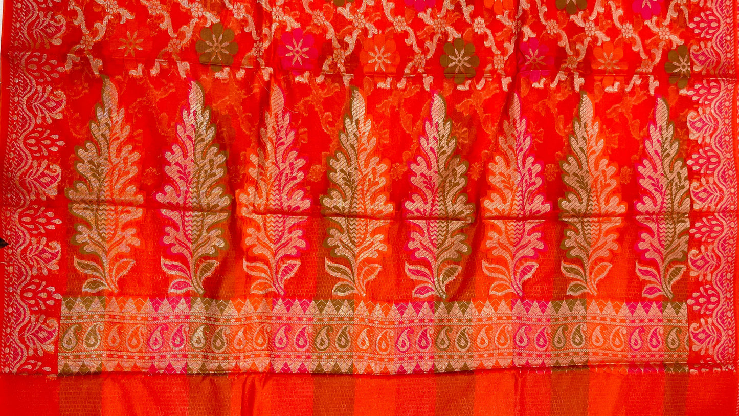 Faishana Presents Orange Semi Georgette Alfi Mina Floral Zari Jaal Minakari Zari Border with Banarasi Floral Boota Pallu and Red Multi Stripe Blouse