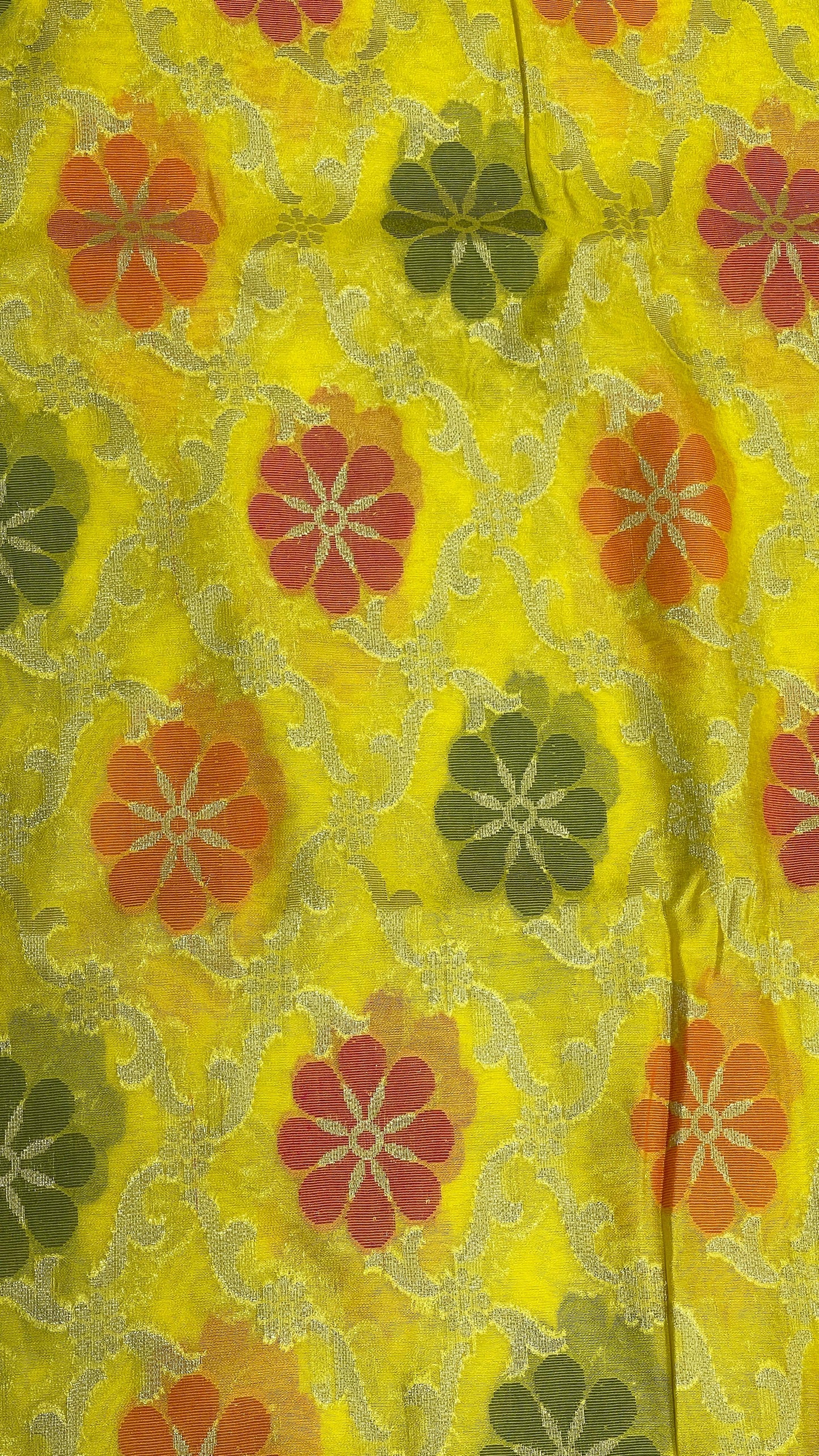 Faishana Presents Yellow Semi Georgette Alfi Mina Floral Zari Jaal Minakari Zari Border with Banarasi Floral Boota Pallu and Yellow Multi Stripe Blouse