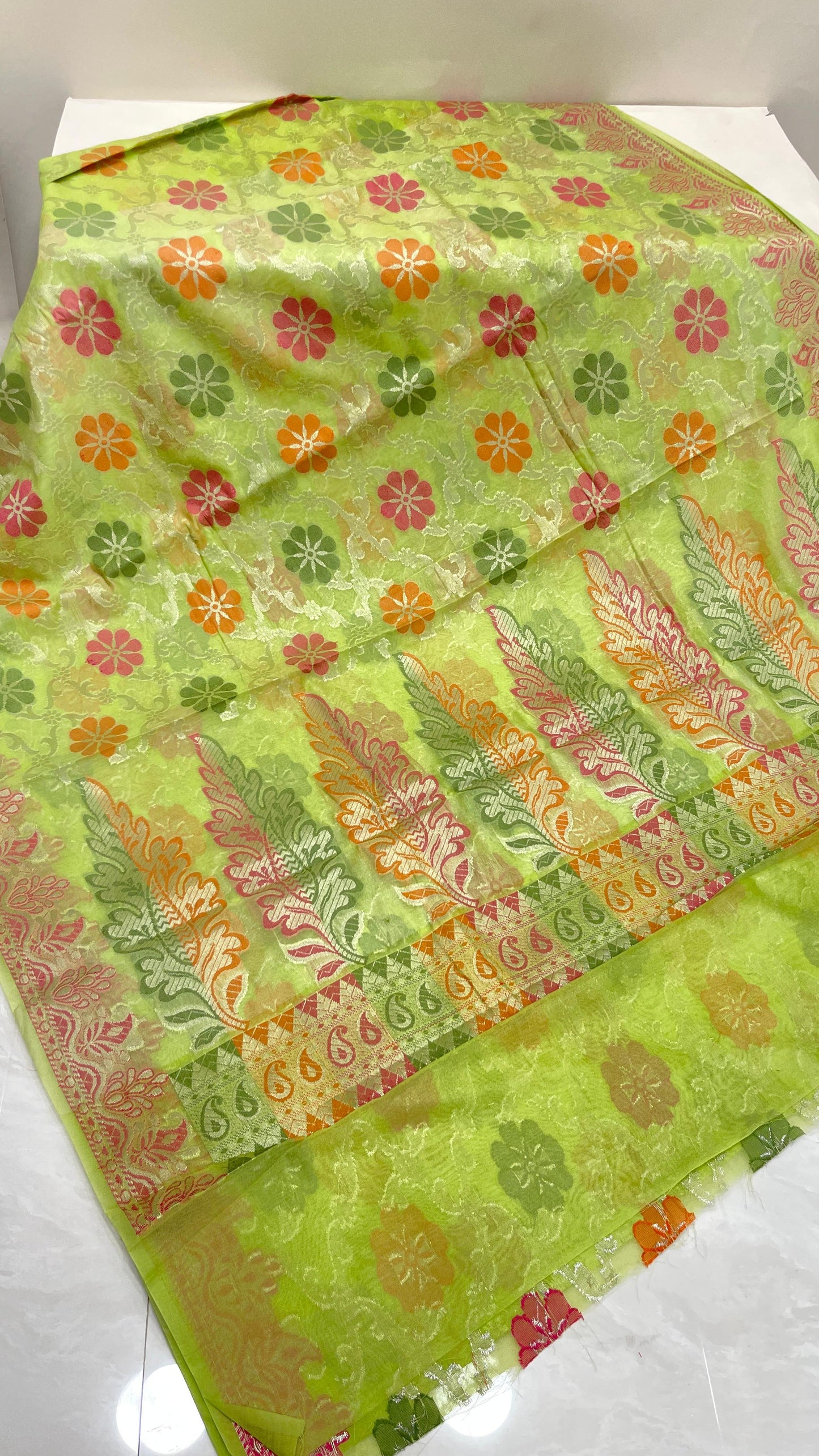 Faishana Presents Lime Green Semi Georgette Alfi Mina Floral Zari Jaal Minakari Zari Border with Banarasi Floral Boota Pallu and Lime Green Multi Stripe Blouse