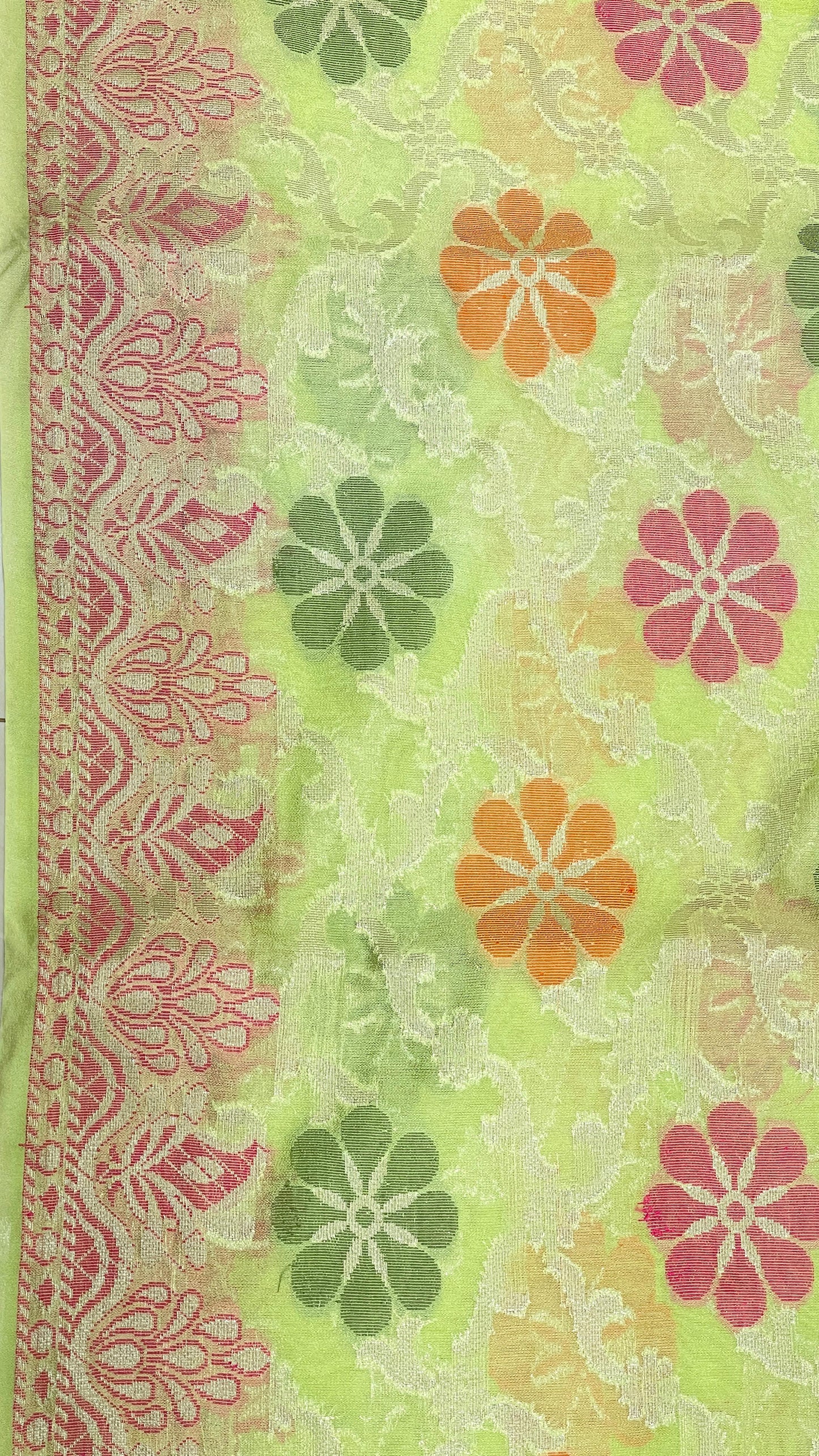 Faishana Presents Lime Green Semi Georgette Alfi Mina Floral Zari Jaal Minakari Zari Border with Banarasi Floral Boota Pallu and Lime Green Multi Stripe Blouse