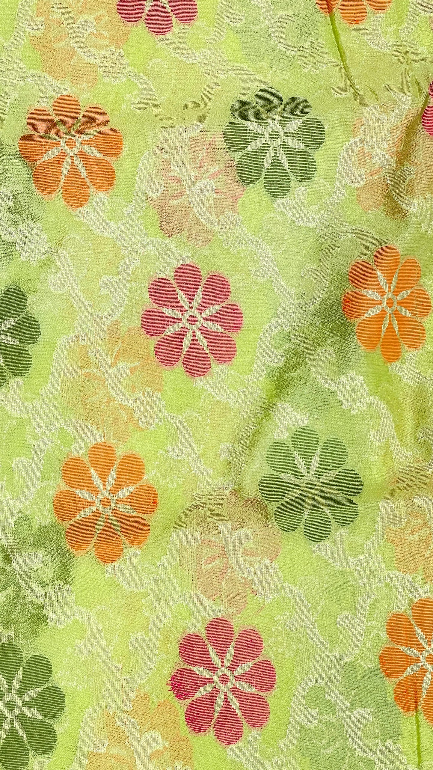 Faishana Presents Lime Green Semi Georgette Alfi Mina Floral Zari Jaal Minakari Zari Border with Banarasi Floral Boota Pallu and Lime Green Multi Stripe Blouse
