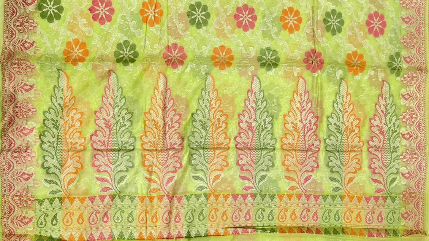 Faishana Presents Lime Green Semi Georgette Alfi Mina Floral Zari Jaal Minakari Zari Border with Banarasi Floral Boota Pallu and Lime Green Multi Stripe Blouse