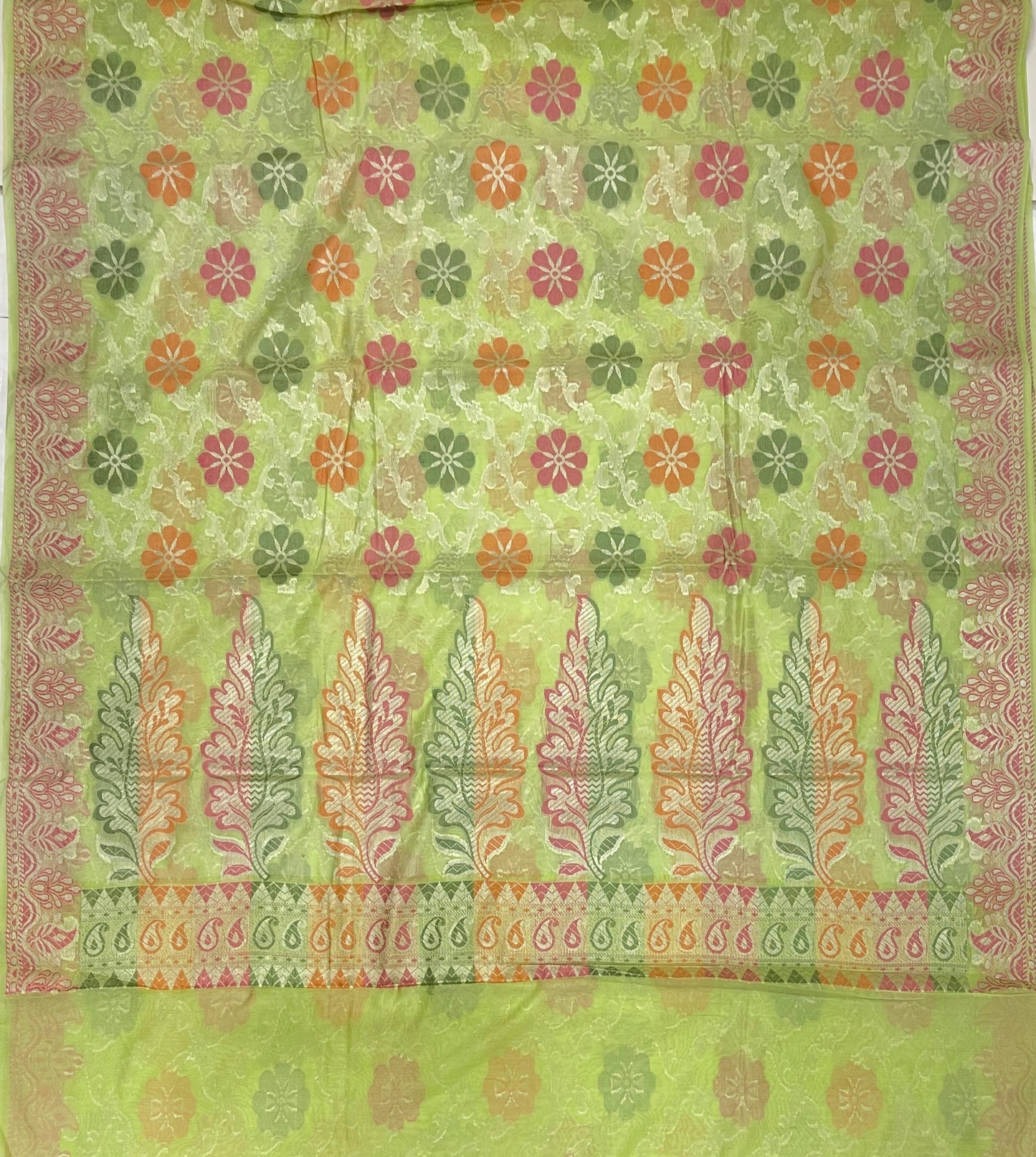 Faishana Presents Lime Green Semi Georgette Alfi Mina Floral Zari Jaal Minakari Zari Border with Banarasi Floral Boota Pallu and Lime Green Multi Stripe Blouse