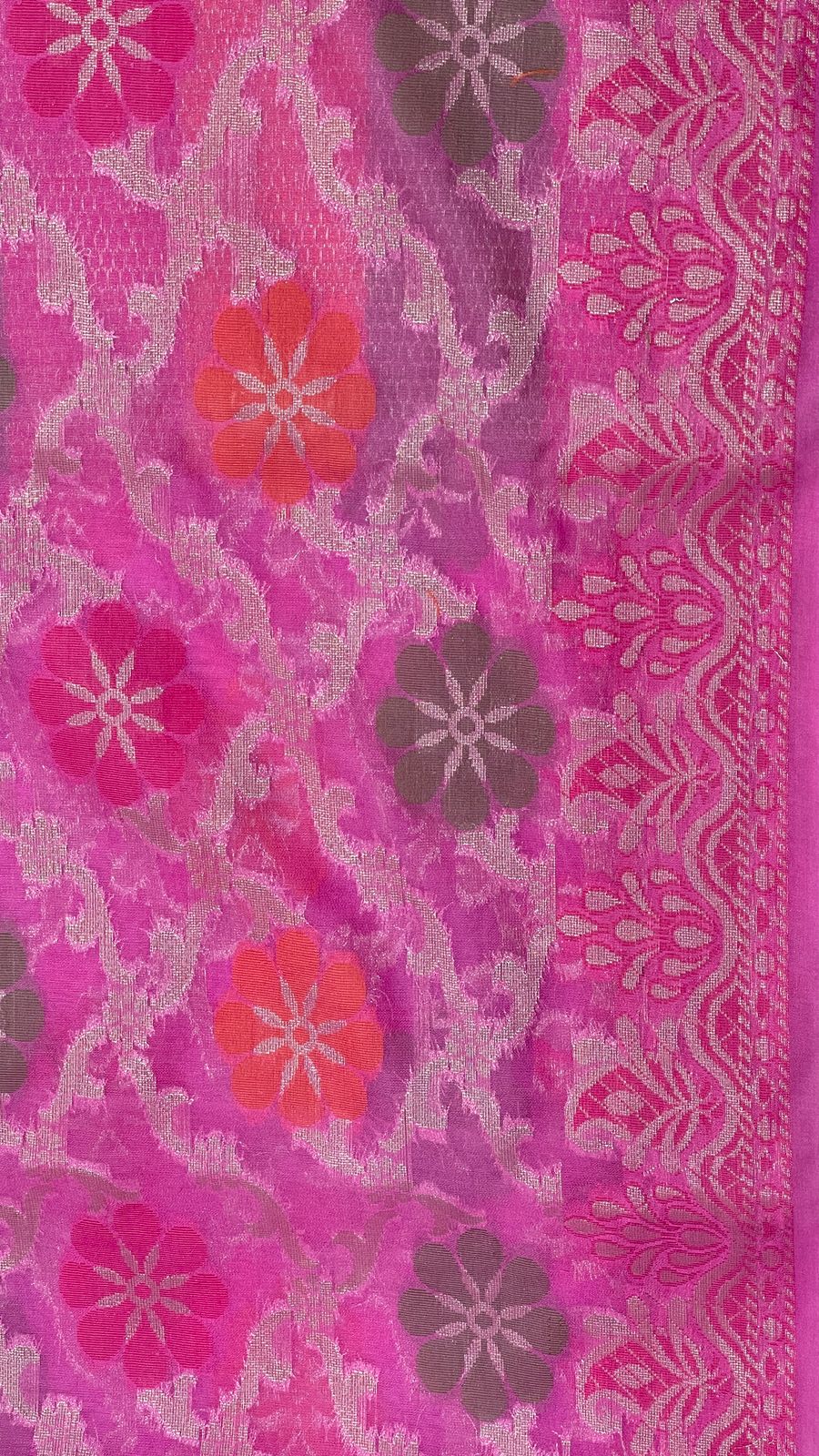 Faishana Presents Light Purple Semi Georgette Alfi Mina Floral Zari Jaal Minakari Zari Border with Banarasi Floral Boota Pallu and Light Purple Multi Stripe Blouse
