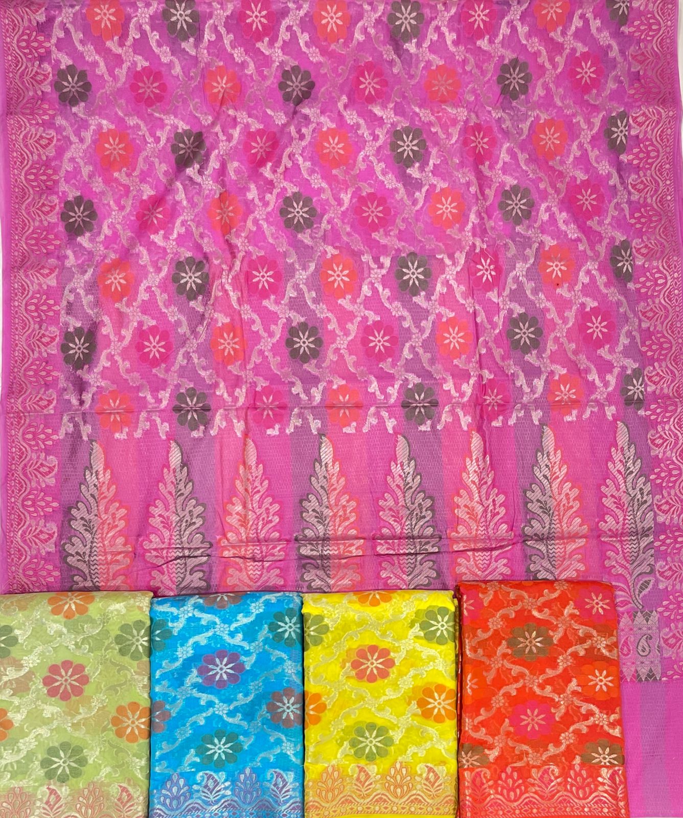 Faishana Presents Light Purple Semi Georgette Alfi Mina Floral Zari Jaal Minakari Zari Border with Banarasi Floral Boota Pallu and Light Purple Multi Stripe Blouse