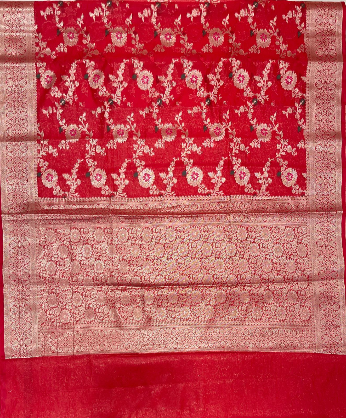 Faishana Presents Red Semi Georgette Tilfi Mina Floral Zari Jaal with Banarasi Floral Pallu and Red Blouse