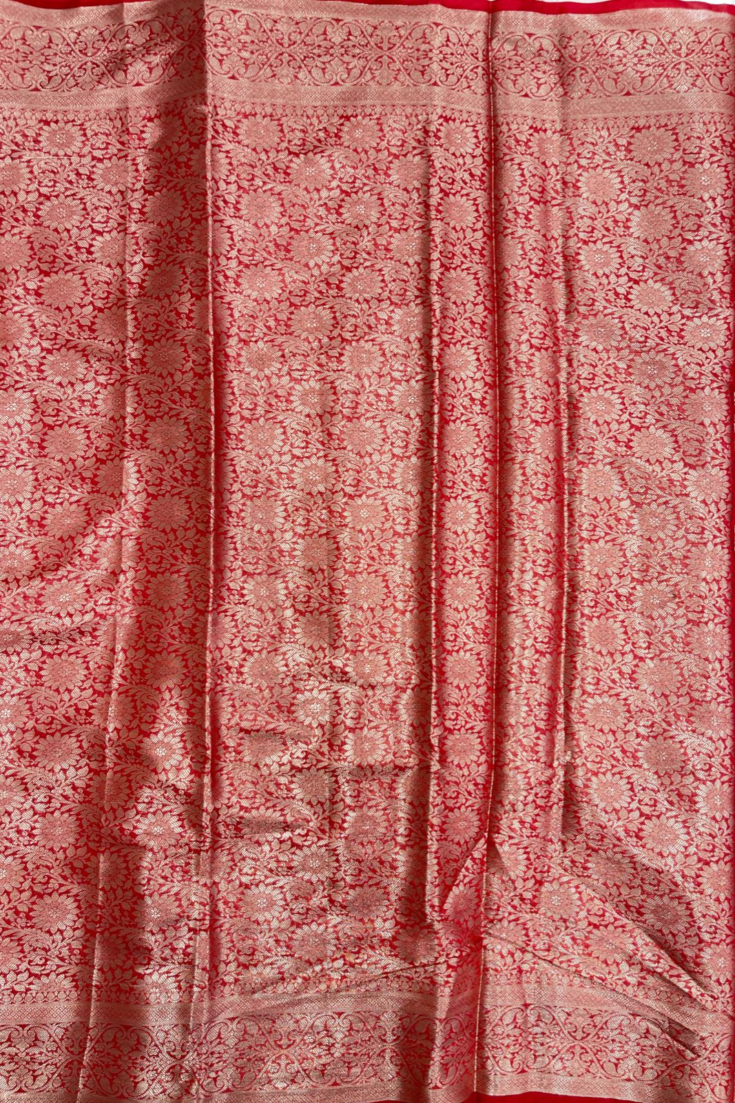 Faishana Presents Red Semi Georgette Tilfi Mina Floral Zari Jaal with Banarasi Floral Pallu and Red Blouse