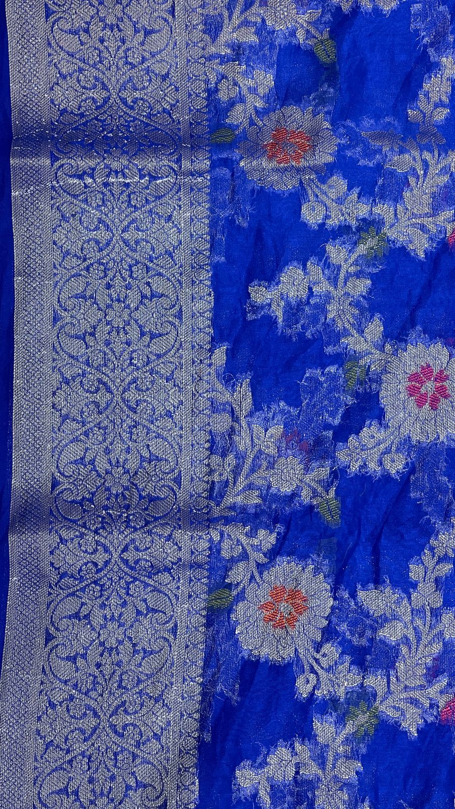 Faishana Presents Blue Semi Georgette Tilfi Mina Floral Zari Jaal with Banarasi Floral Pallu and Blue Blouse