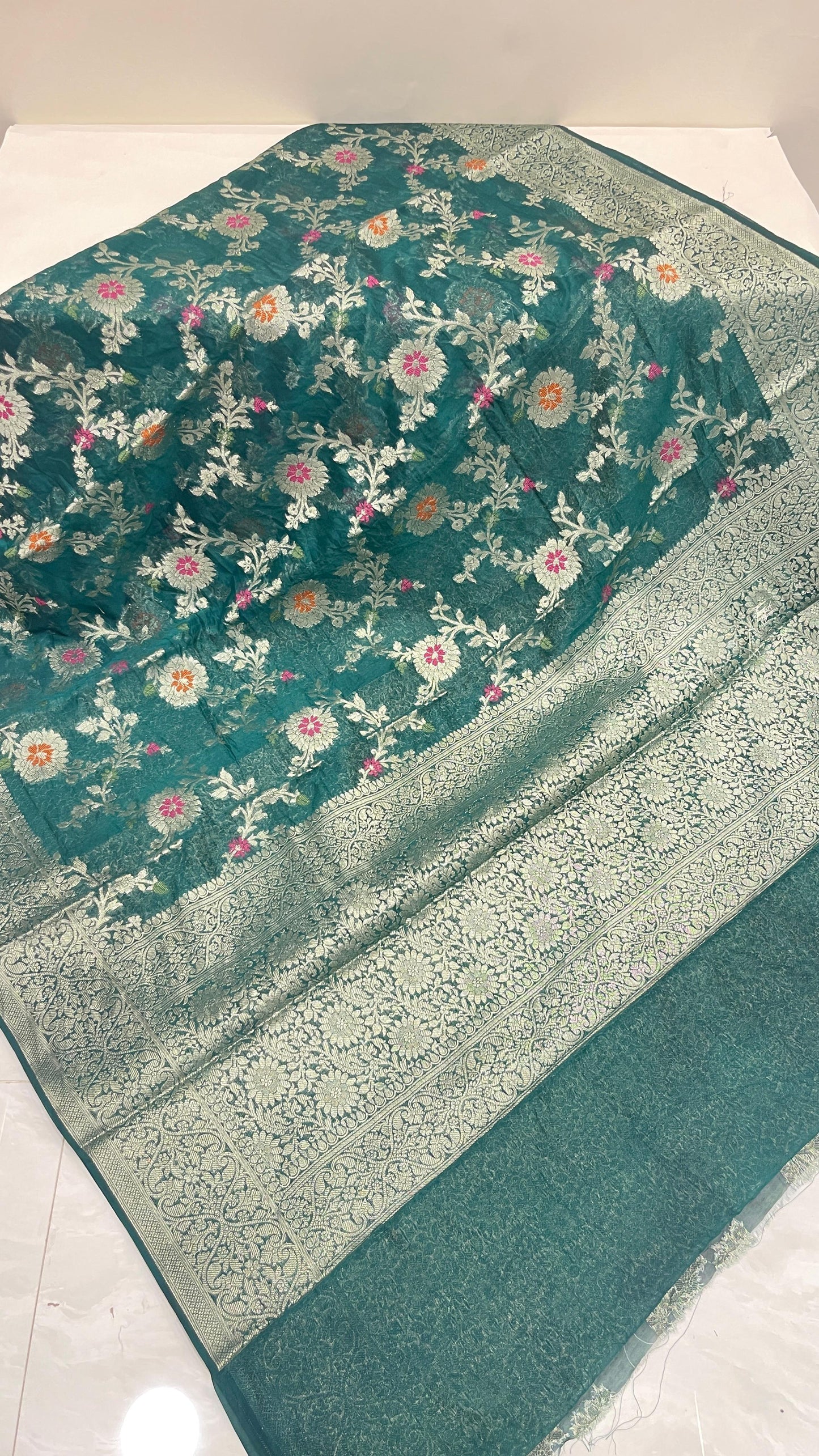 Faishana Presents Dark Green Semi Georgette Tilfi Mina Floral Zari Jaal with Banarasi Floral Pallu and Dark Green Blouse