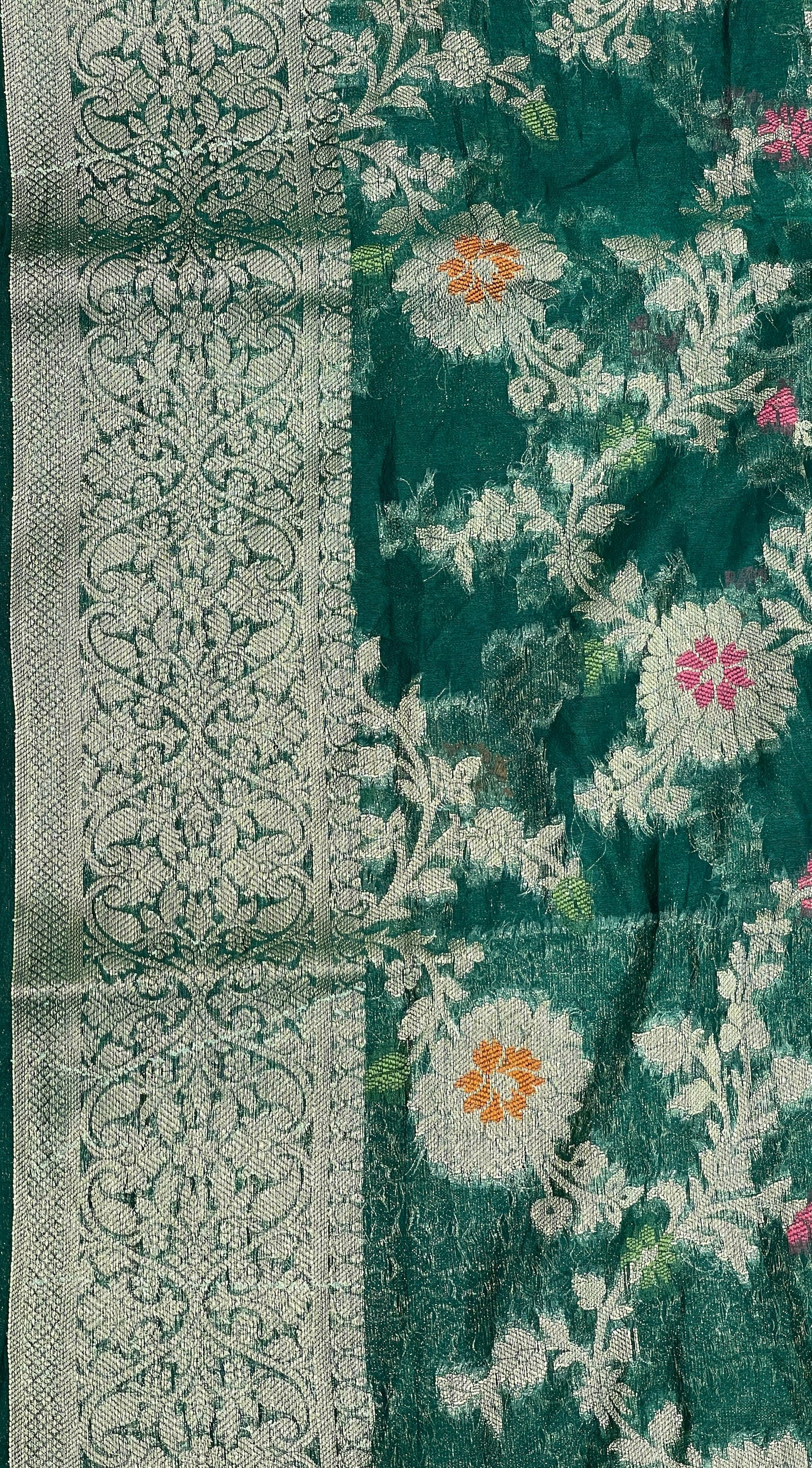 Faishana Presents Dark Green Semi Georgette Tilfi Mina Floral Zari Jaal with Banarasi Floral Pallu and Dark Green Blouse