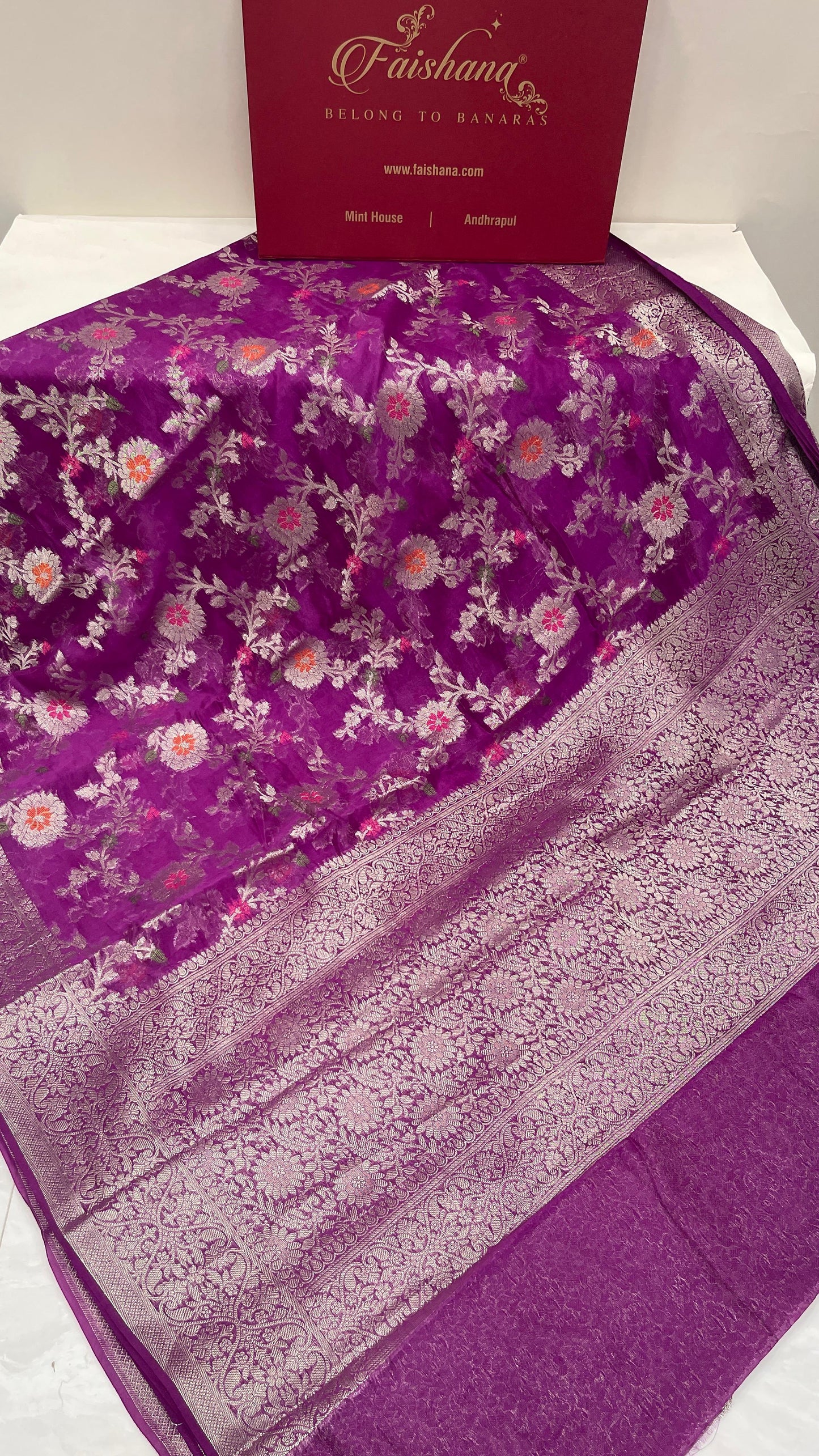 Faishana Presents Purple Semi Georgette Tilfi Mina Floral Zari Jaal with Banarasi Floral Pallu and Purple Blouse