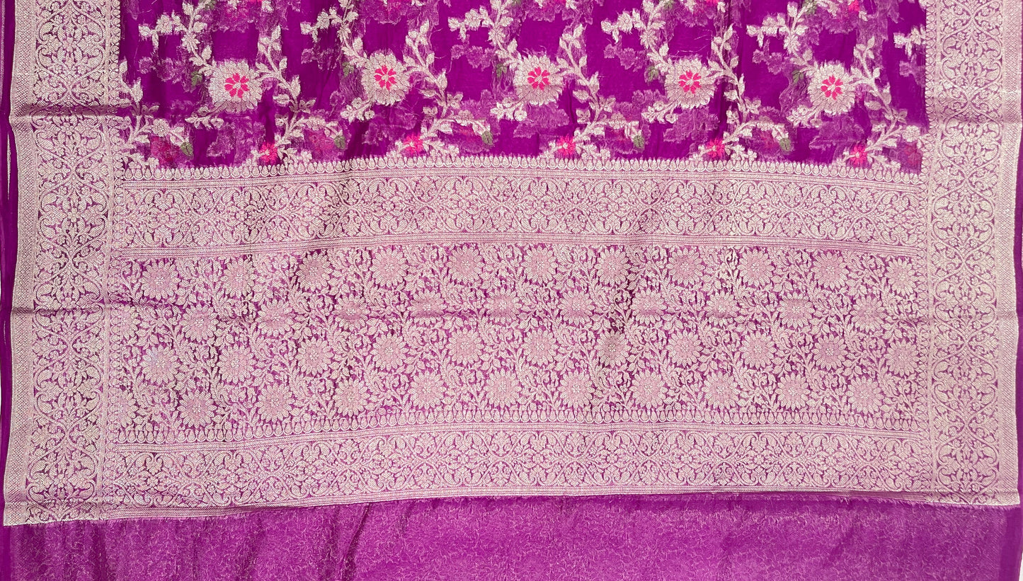 Faishana Presents Purple Semi Georgette Tilfi Mina Floral Zari Jaal with Banarasi Floral Pallu and Purple Blouse