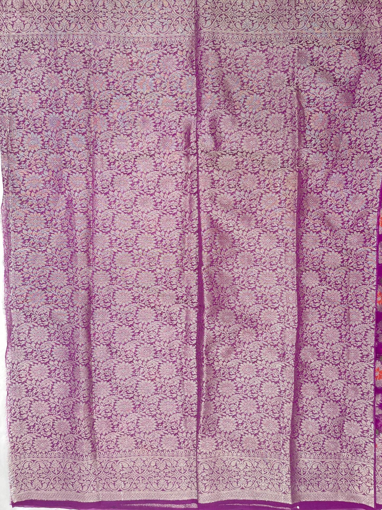 Faishana Presents Purple Semi Georgette Tilfi Mina Floral Zari Jaal with Banarasi Floral Pallu and Purple Blouse