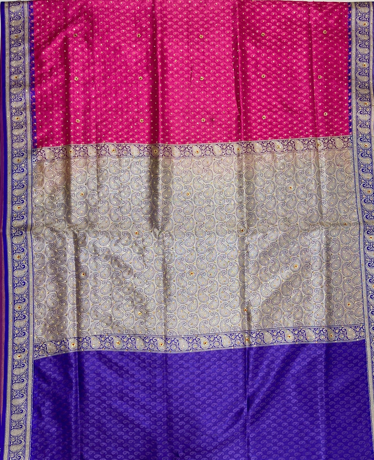 Faishana Presents Turqouise Pink Tanchoi Silk Low Stone Work with Contrast Blue Pallu Zari Border and Purple Blouse