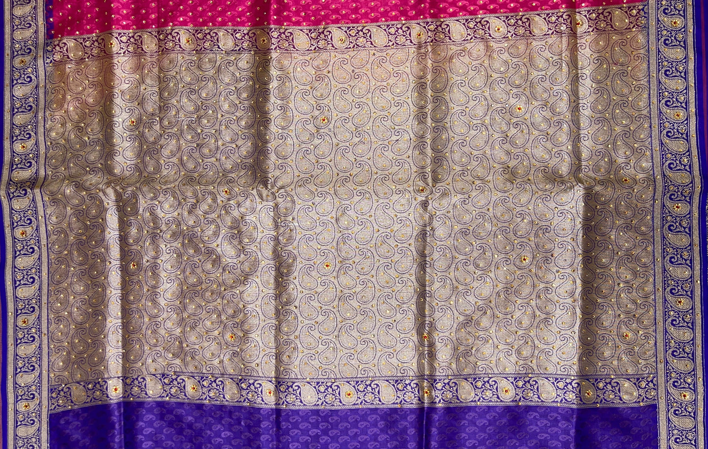 Faishana Presents Turqouise Pink Tanchoi Silk Low Stone Work with Contrast Blue Pallu Zari Border and Purple Blouse
