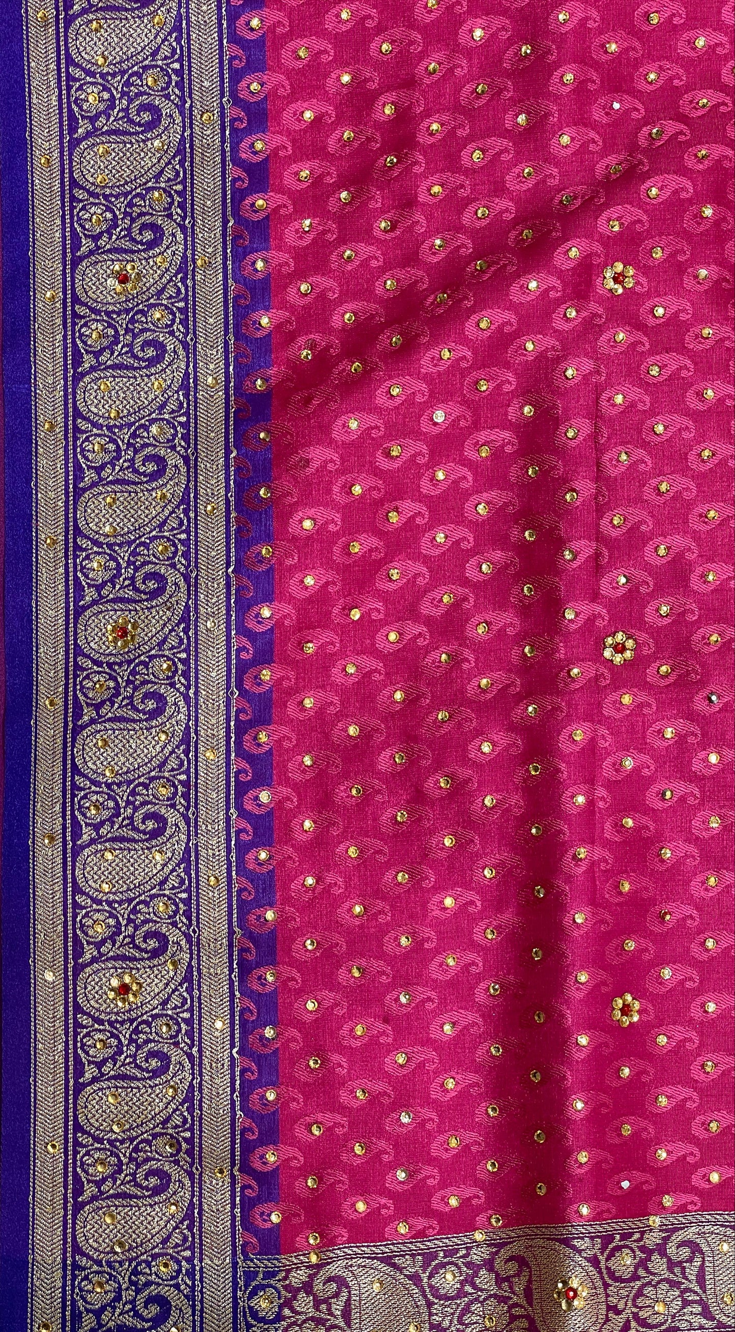Faishana Presents Turqouise Pink Tanchoi Silk Low Stone Work with Contrast Blue Pallu Zari Border and Purple Blouse