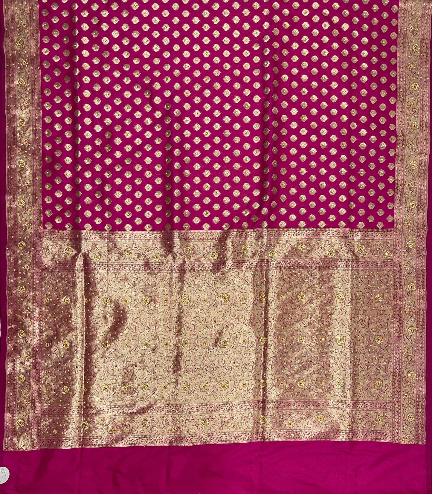 Faishana Presents Magenta Satin Silk Floral Zari Booti Heavy Stone Work Banarasi Saree with Lehariya Pallu and Magenta Blouse