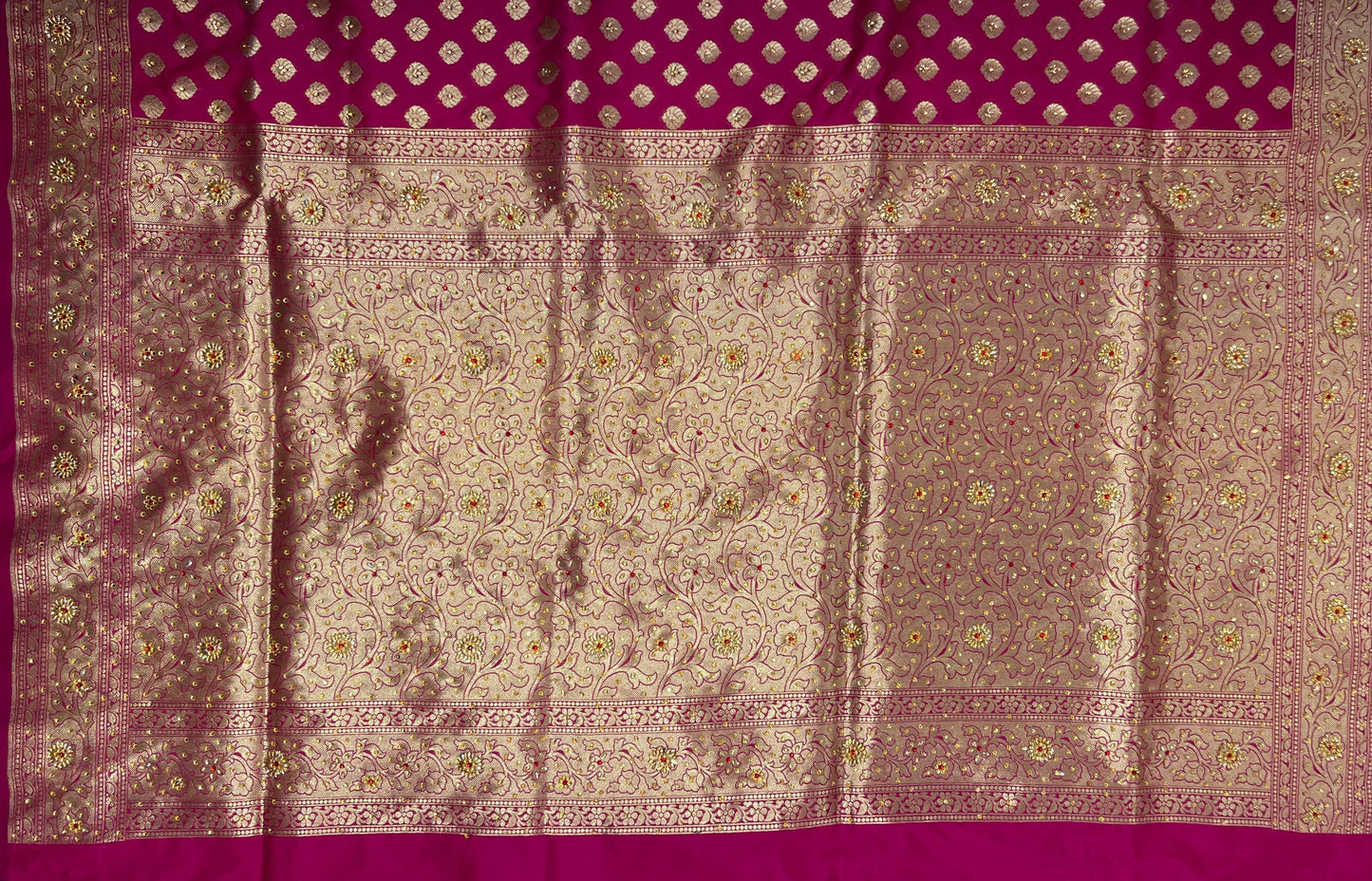 Faishana Presents Magenta Satin Silk Floral Zari Booti Heavy Stone Work Banarasi Saree with Lehariya Pallu and Magenta Blouse