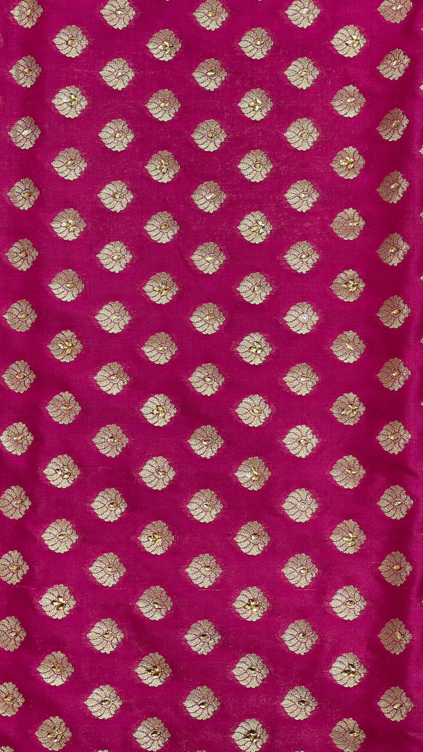 Faishana Presents Magenta Satin Silk Floral Zari Booti Heavy Stone Work Banarasi Saree with Lehariya Pallu and Magenta Blouse