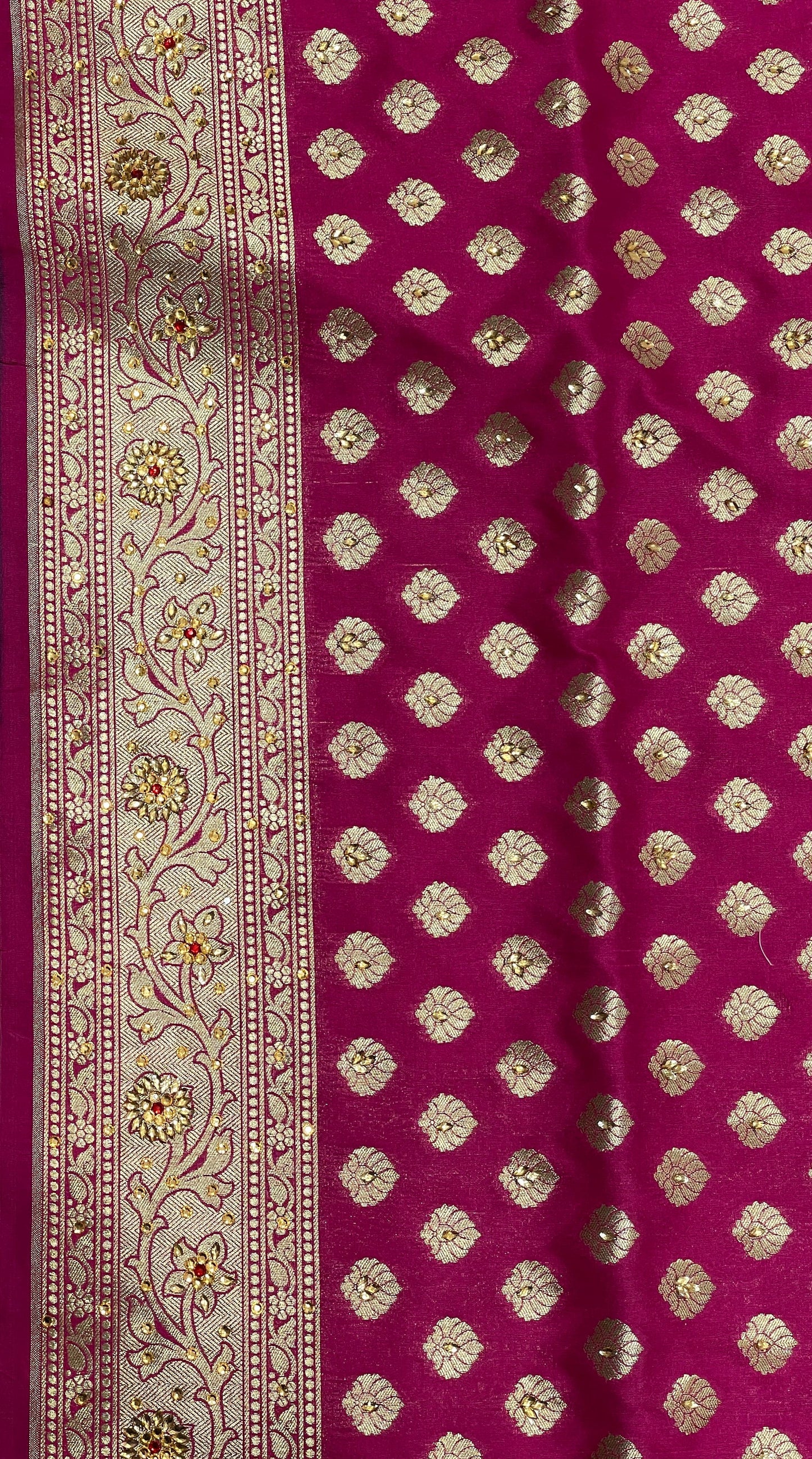 Faishana Presents Magenta Satin Silk Floral Zari Booti Heavy Stone Work Banarasi Saree with Lehariya Pallu and Magenta Blouse