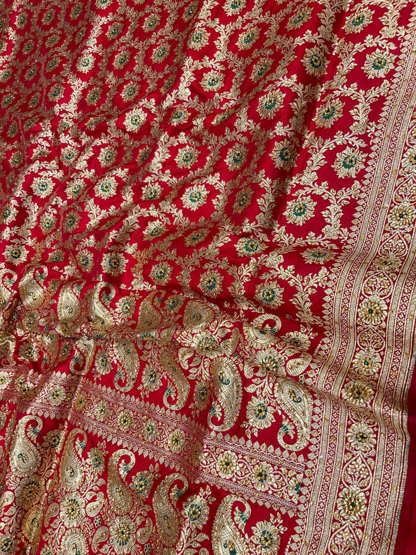 Faishana Presents Red Satin Silk Floral Mina Zari Jaal Low Stone Work Saree with Paisley Floral Pallu and Red Blouse