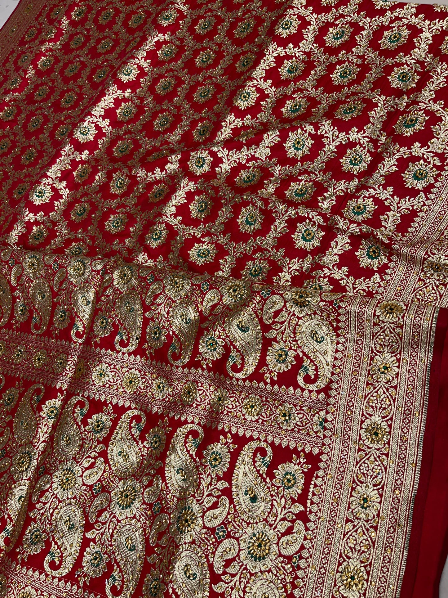 Faishana Presents Red Satin Silk Floral Mina Zari Jaal Low Stone Work Saree with Paisley Floral Pallu and Red Blouse
