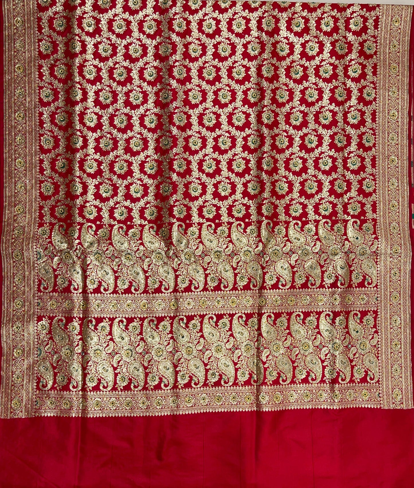 Faishana Presents Red Satin Silk Floral Mina Zari Jaal Low Stone Work Saree with Paisley Floral Pallu and Red Blouse