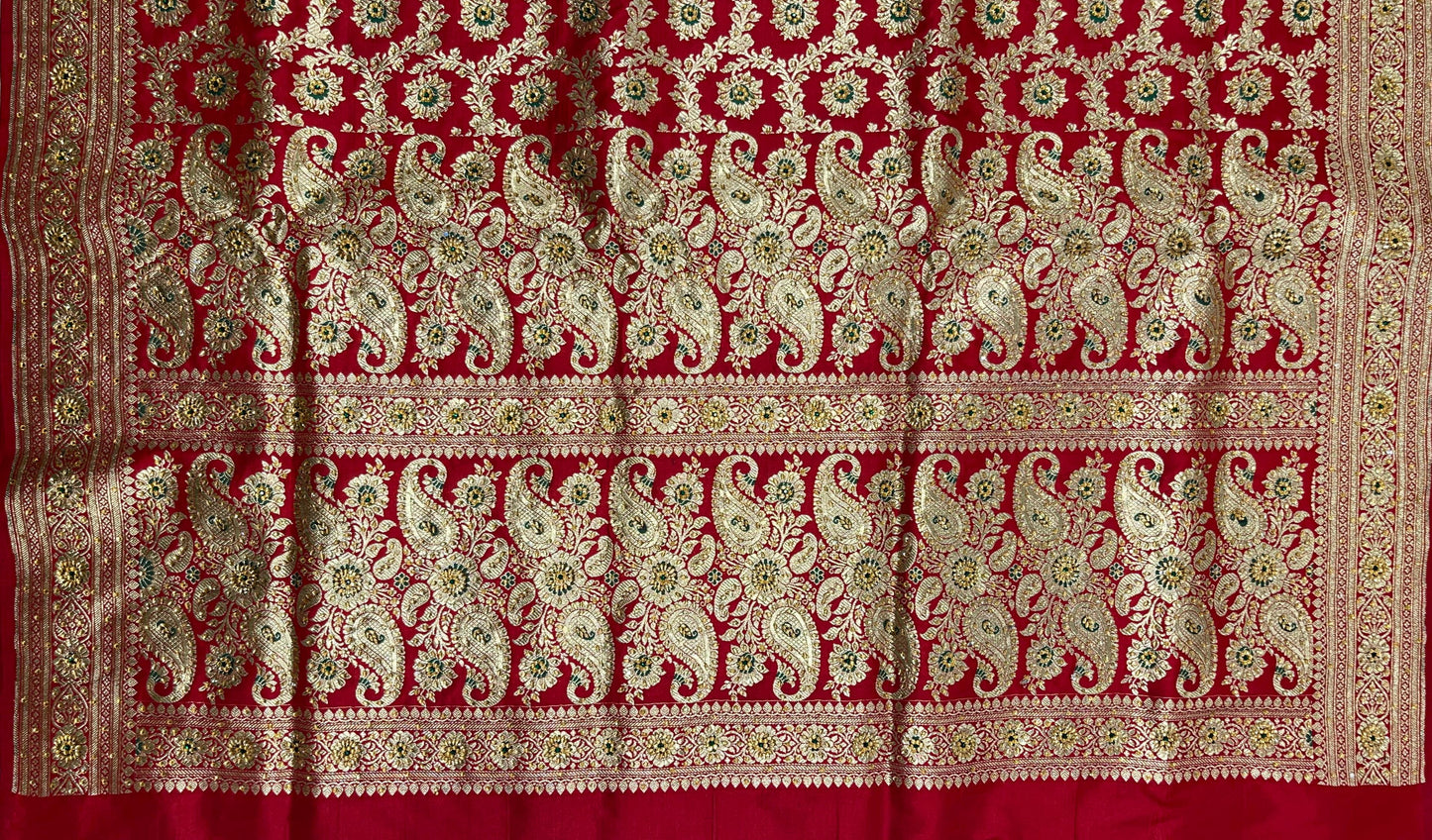 Faishana Presents Red Satin Silk Floral Mina Zari Jaal Low Stone Work Saree with Paisley Floral Pallu and Red Blouse