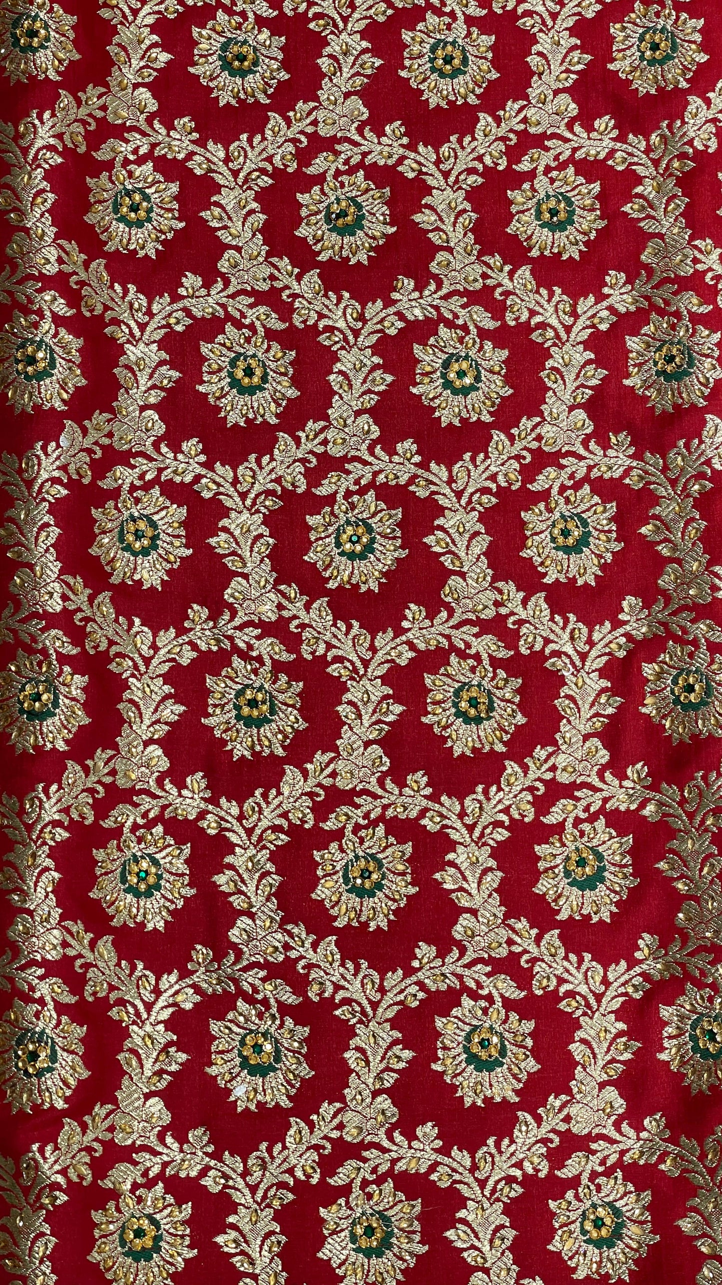 Faishana Presents Red Satin Silk Floral Mina Zari Jaal Low Stone Work Saree with Paisley Floral Pallu and Red Blouse