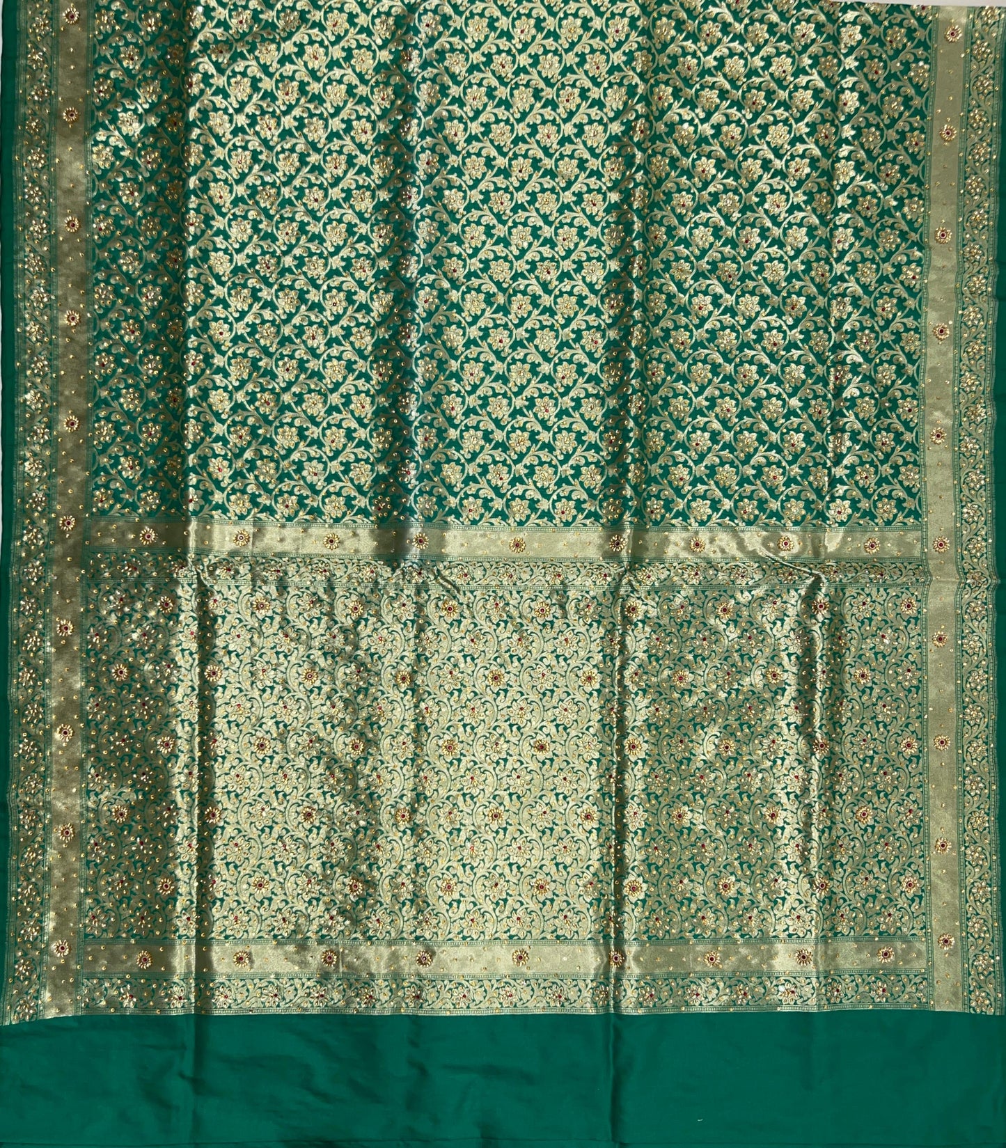 Faishana Presents Green Satin Silk Floral Zari Jaal Low Stone Work Banarasi Saree with Lehariya Pallu and Green Blouse